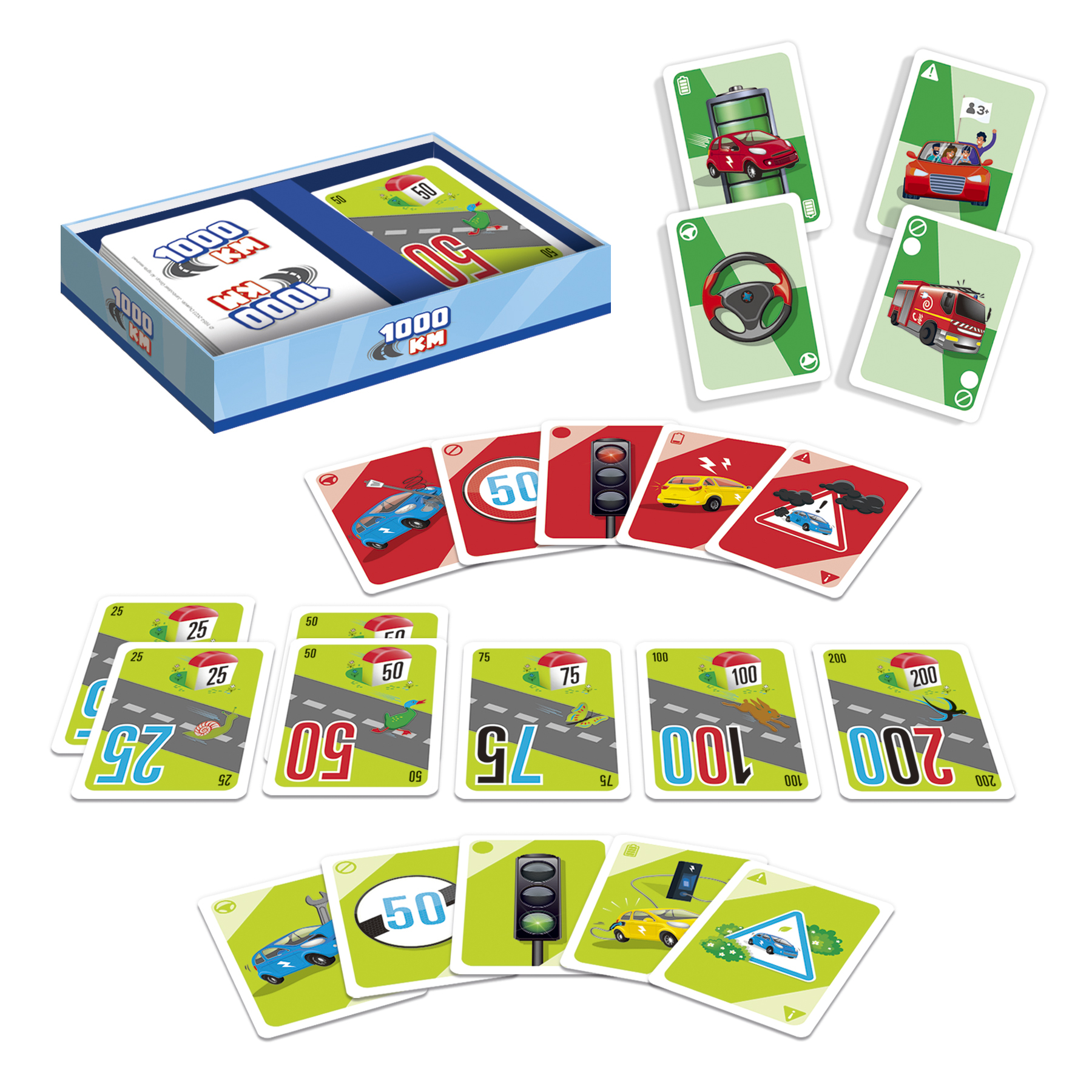 Un juego de mesa con cartas. Una caja con cartas encima, que muestra carreteras, coches y señales de límite de velocidad.
