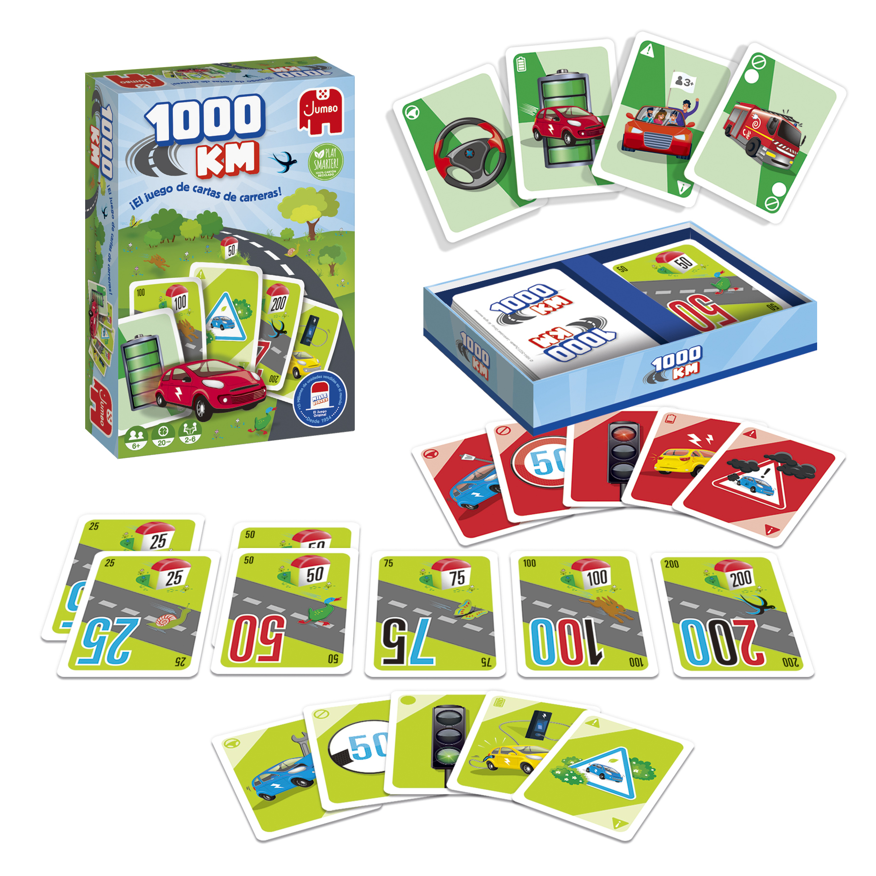 Un juego de mesa con cartas. Una caja con cartas y piezas de juego encima, que muestra carreteras, coches y señales.