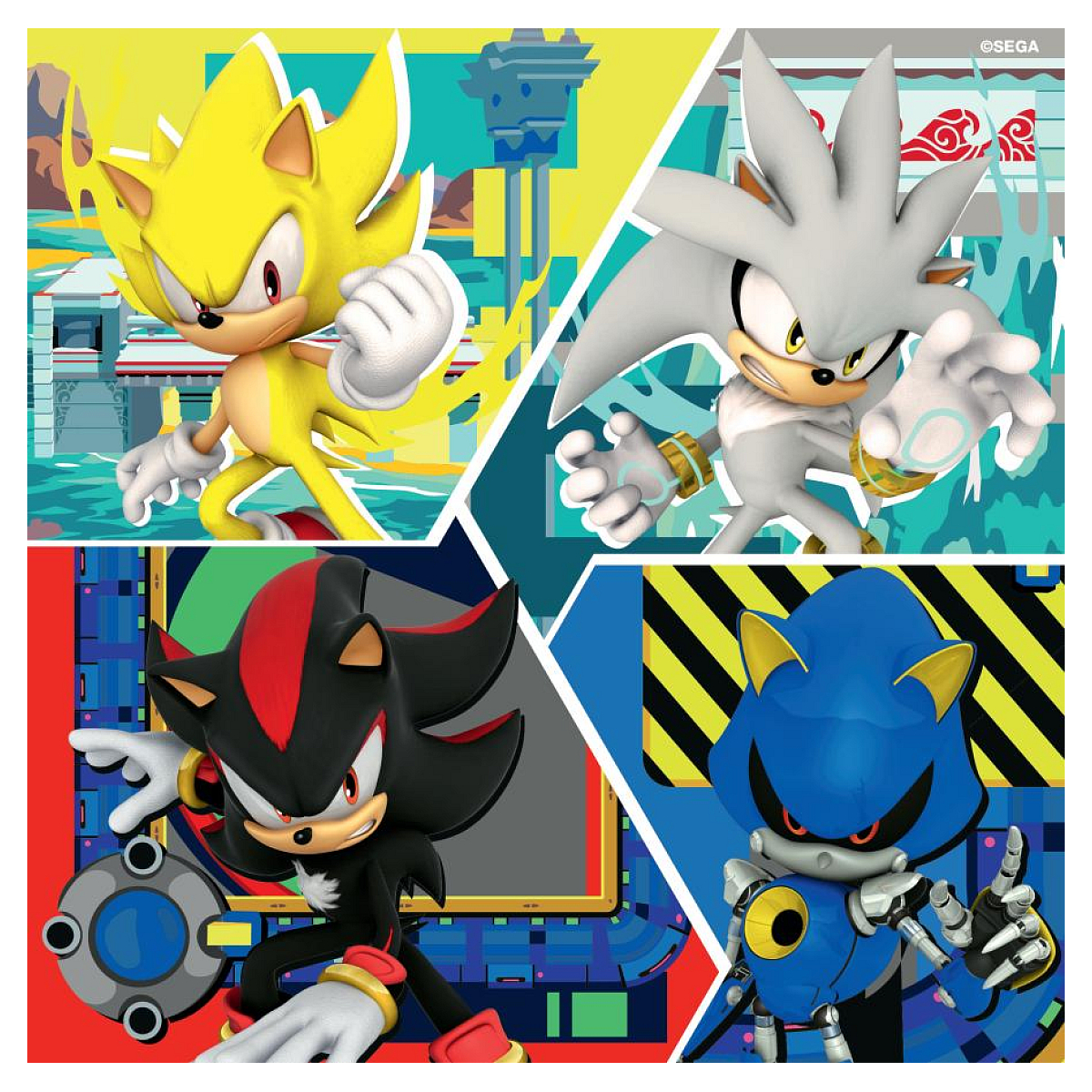 Quattro personaggi di Sonic: Super Sonic, Silver, Shadow e Metal Sonic.