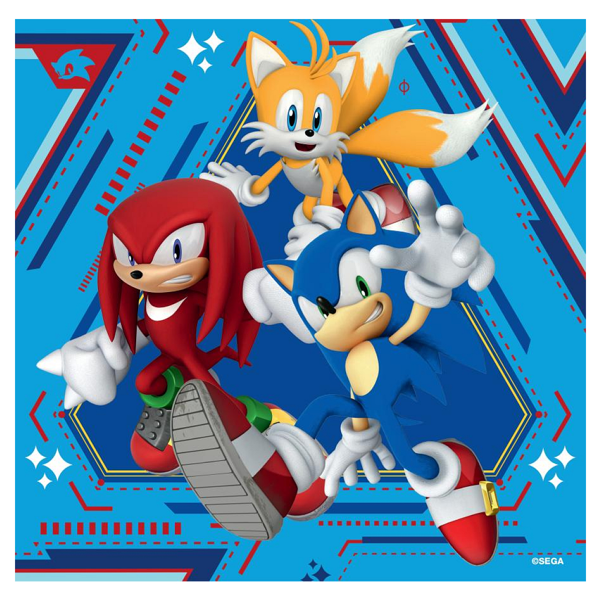 Personaggi di Sonic, Tails e Knuckles di Sonic the Hedgehog su uno sfondo blu geometrico.