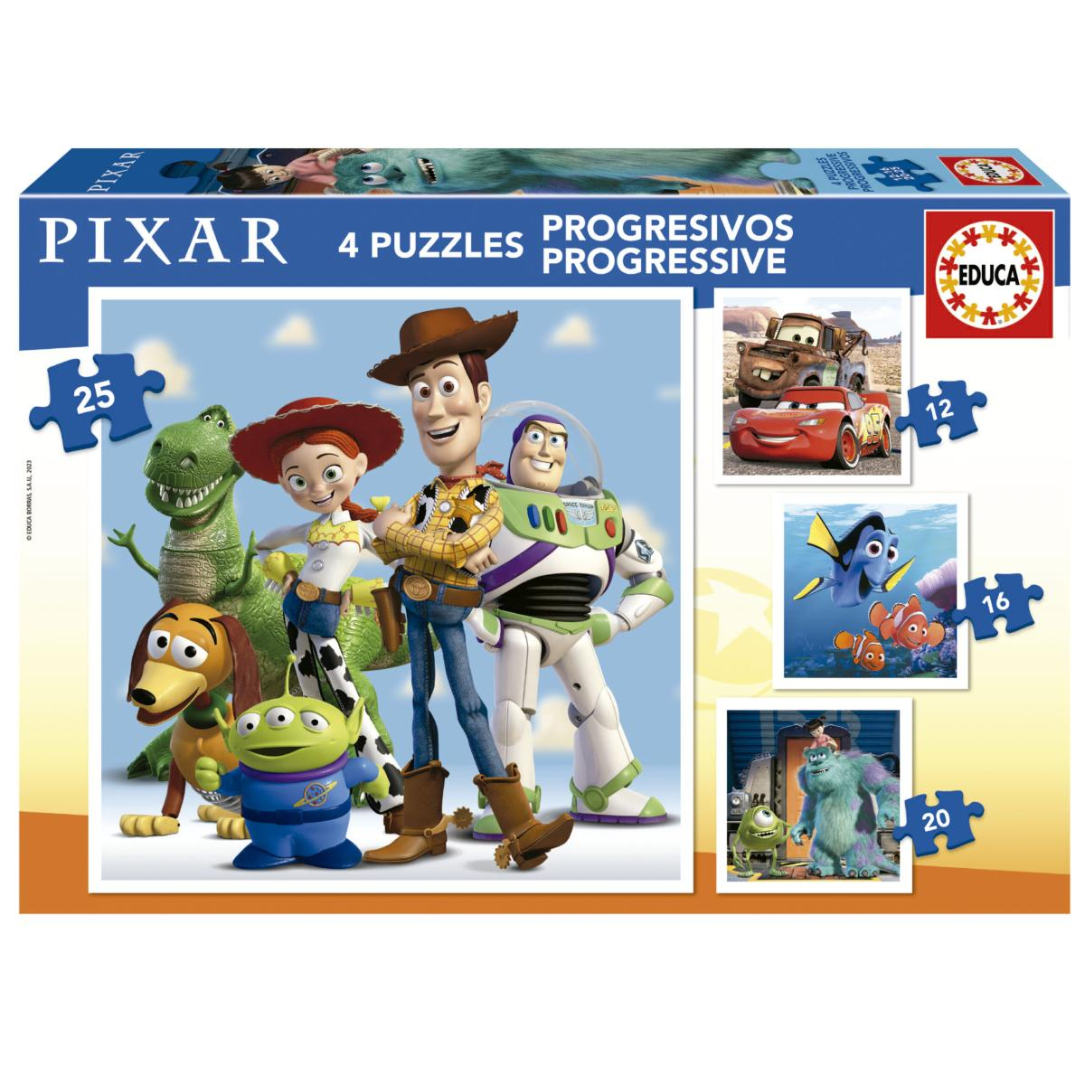 Pudełko z puzzlami Pixar z wieloma postaciami z Toy Story, Auta, Gdzie jest Nemo i Potwory i Spółka.
