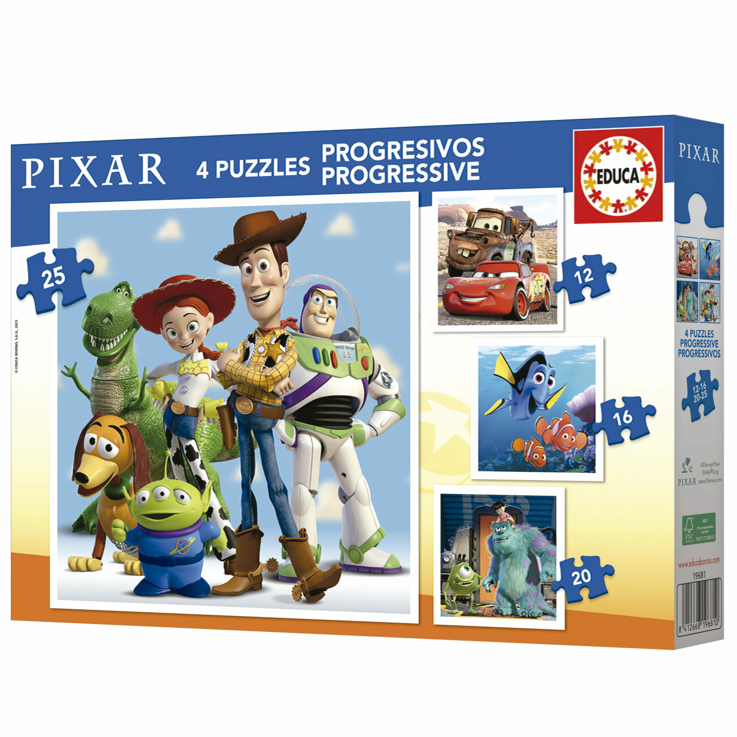 Pudełko z puzzlami Pixar ze zdjęciami postaci z Toy Story, Auta, Gdzie jest Nemo i Potwory i Spółka.
