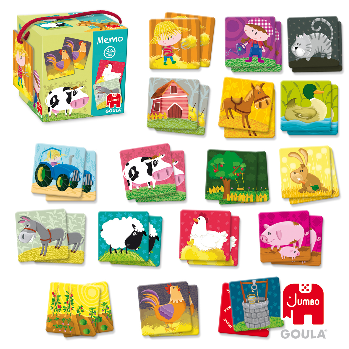 Caja de juego Memo y varias cartas. Las cartas presentan ilustraciones de animales de granja.