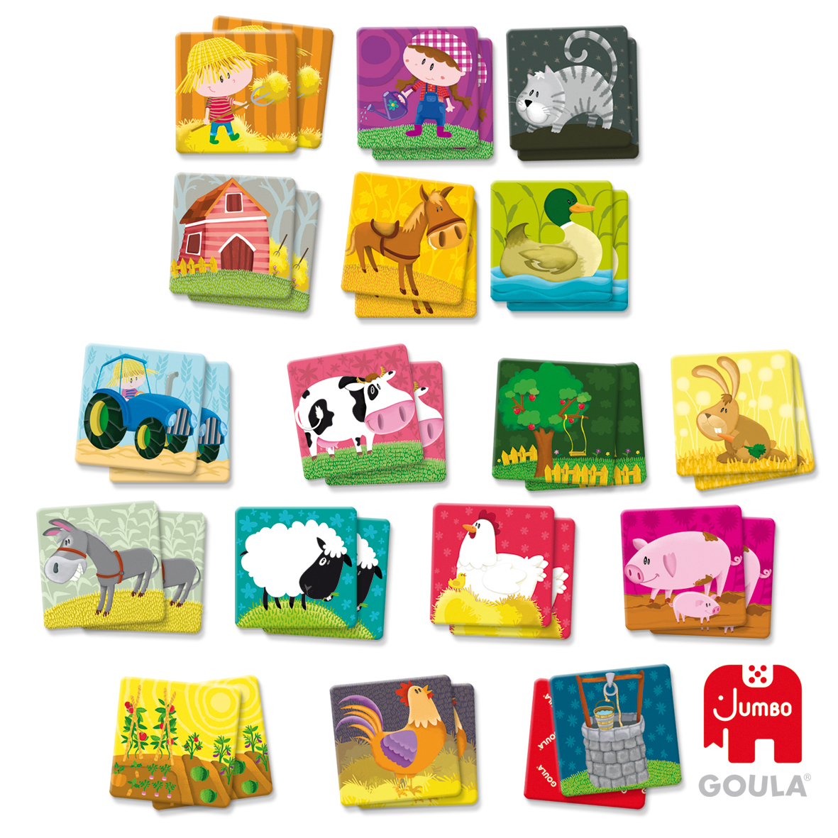 Juego de memoria con animales de granja. Cartas con ilustraciones de un granjero, vaca, gallina, burro y más.