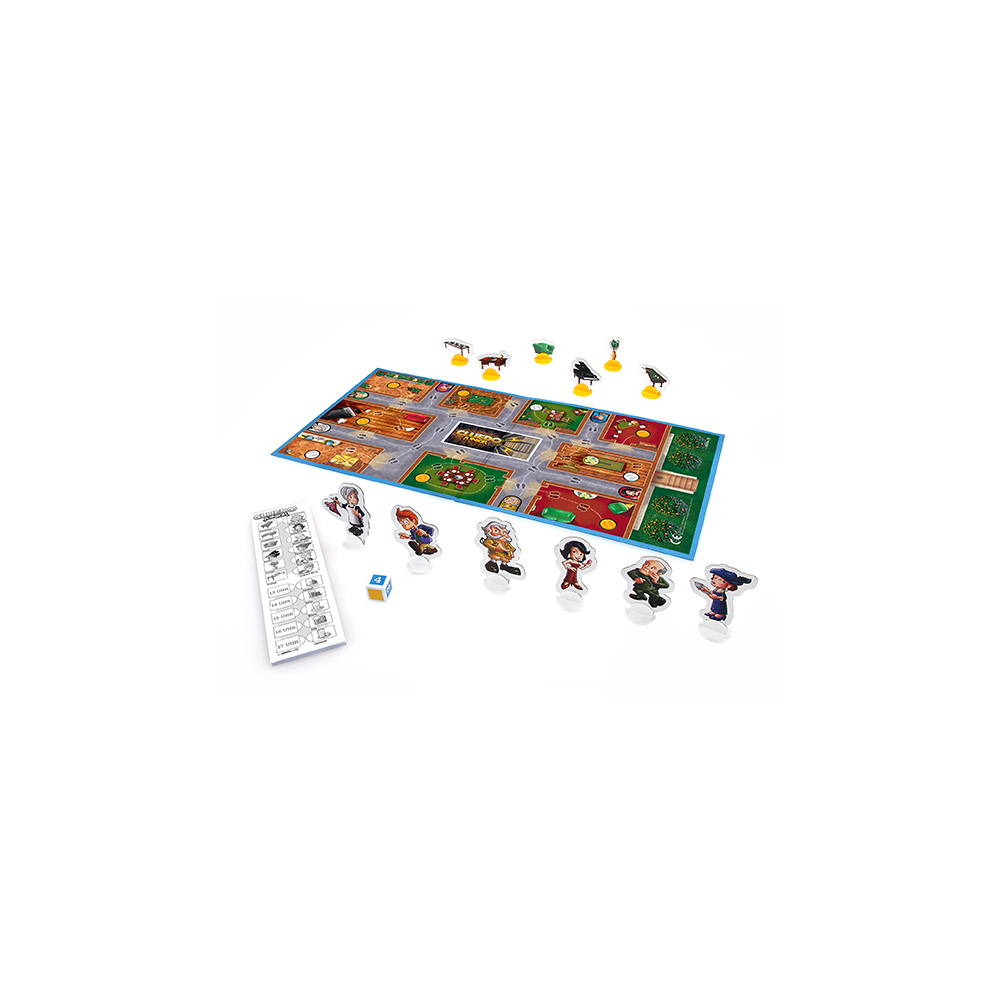 Ein Brettspiel mit Spielsteinen, die darauf angeordnet sind. Würfel und Spielerfiguren sind auf einem Spielbrett sichtbar.