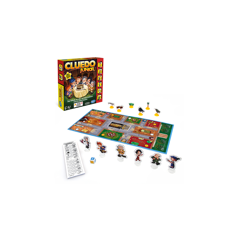 Cluedo Junior Brettspiel, Spielsteine, Spielbrett und Box-Set.