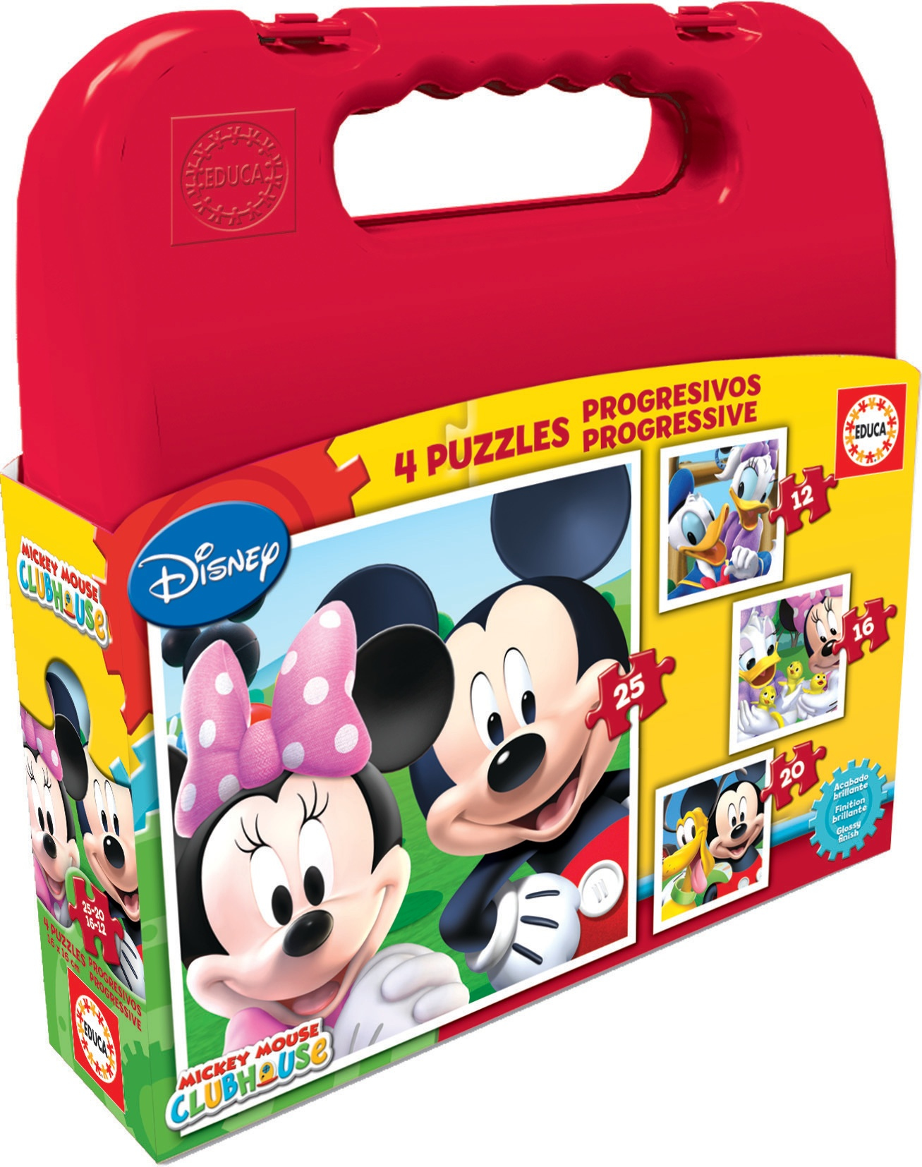 Pudełko z 4 puzzlami Mickey Mouse Clubhouse, z Miki i Minnie. Logo EDUCA.