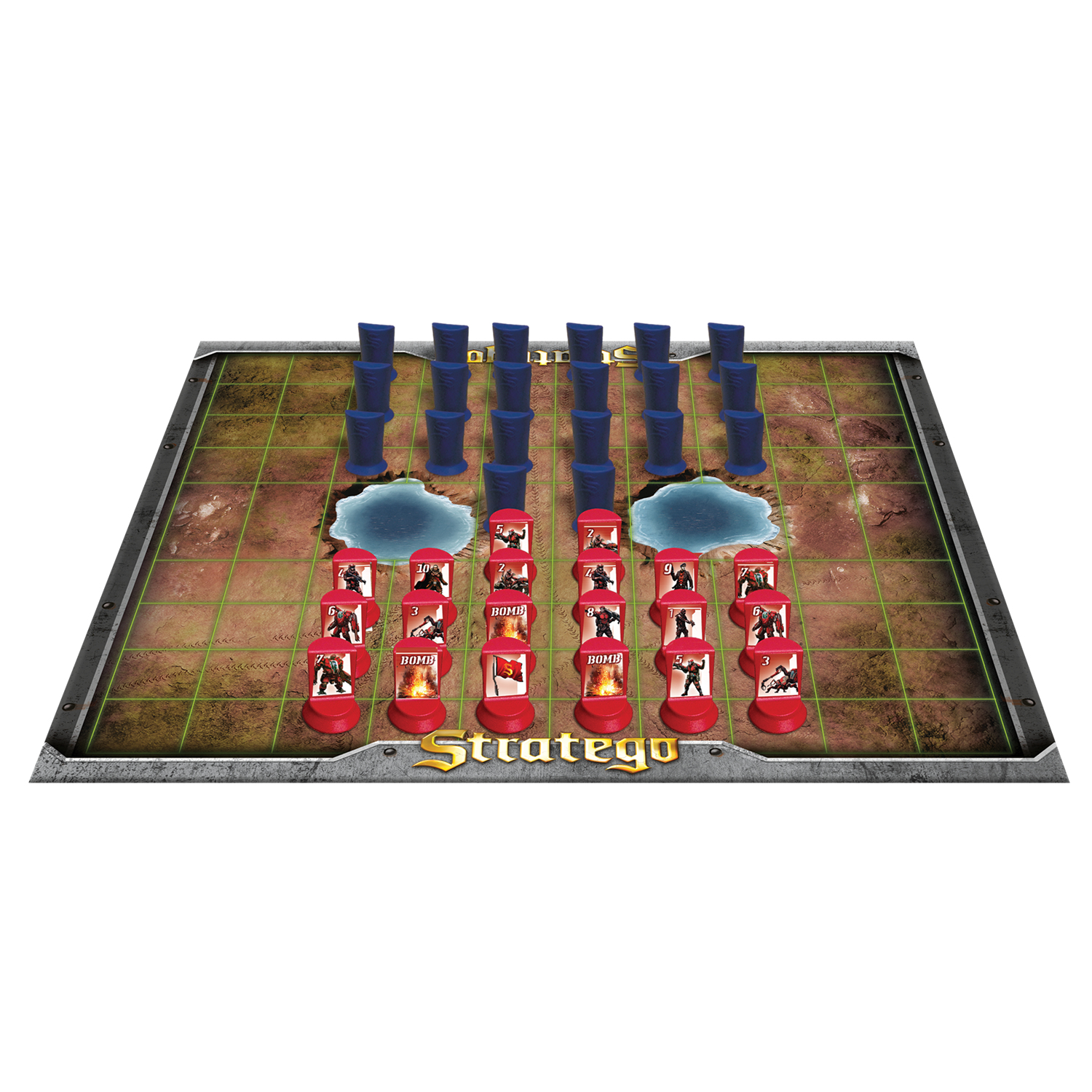 Stratego Spielaufbau. Blaue Säulen, zwei Wasserelemente und rote Soldatenfiguren auf dem Spielbrett.