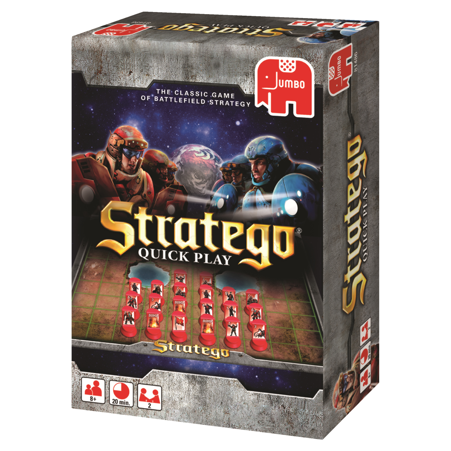 Stratego Quick Play Box. Soldaten und Weltraumhintergrund. Box mit rotem und blauem Design.