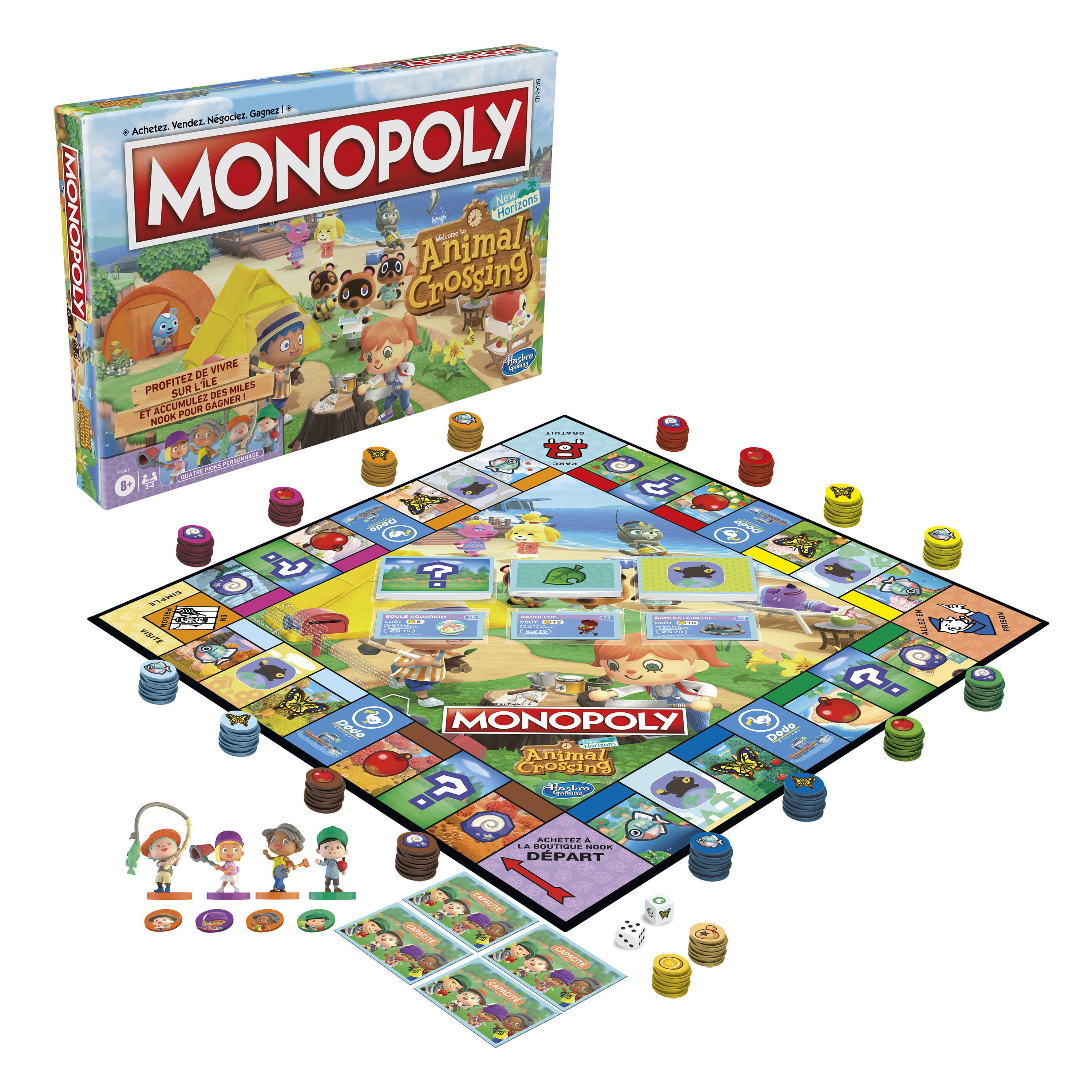 Gra planszowa Monopoly Animal Crossing. Plansza z postaciami i żetonami, pudełko na górze.