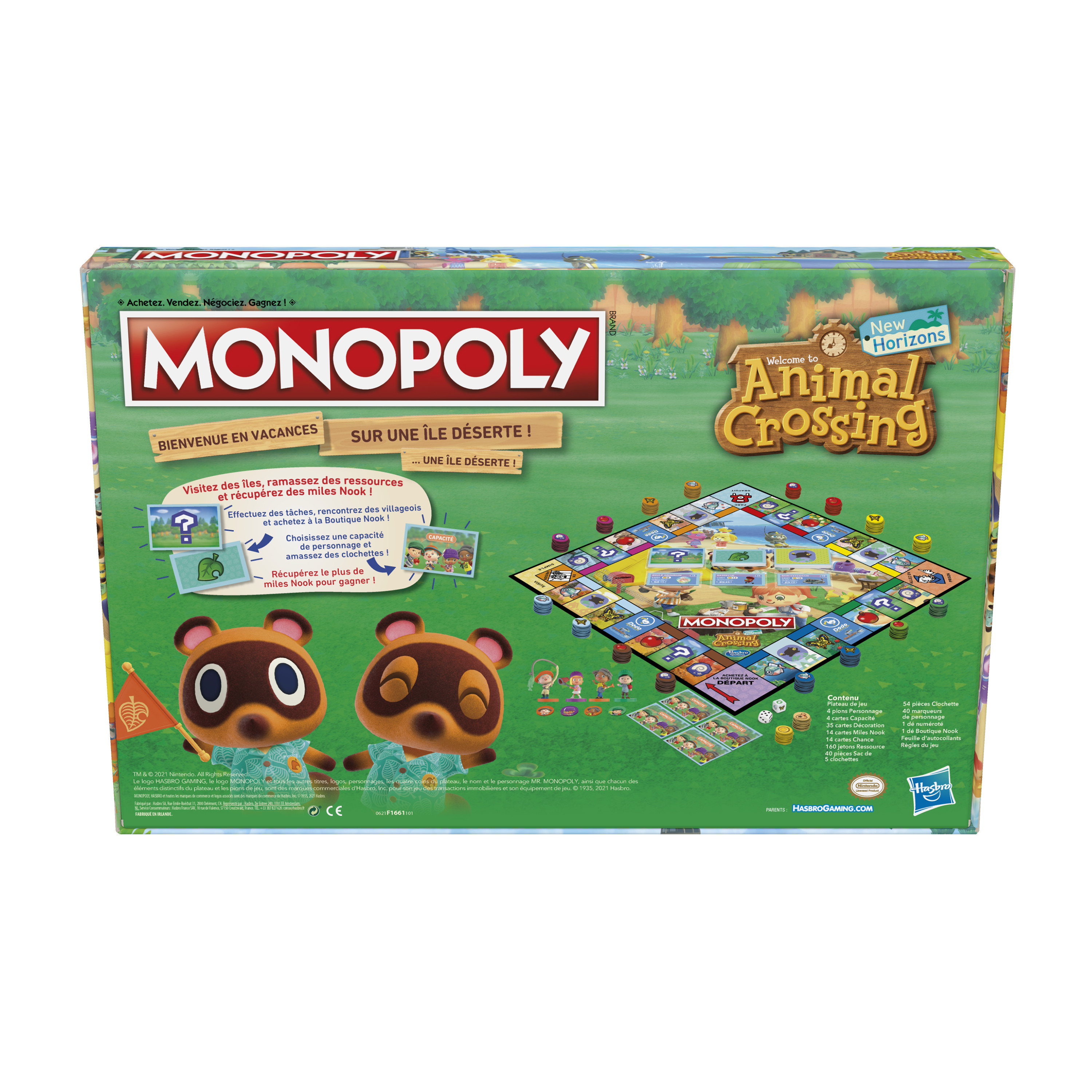 Tył pudełka gry planszowej Monopoly: Animal Crossing, pokazujący planszę i postacie.