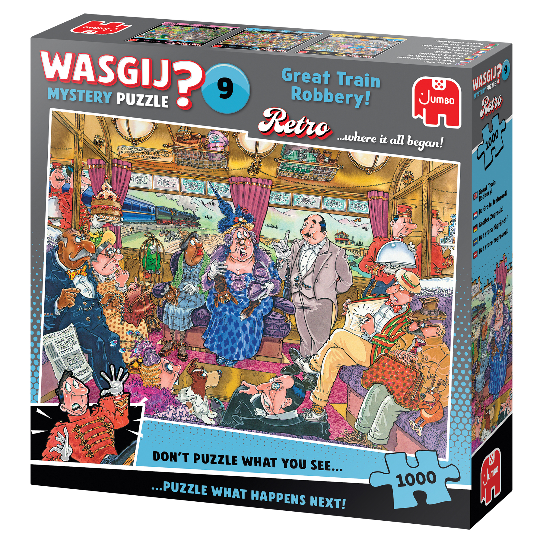 Pudełko z puzzlami z ilustracją napadu na pociąg w stylu retro.