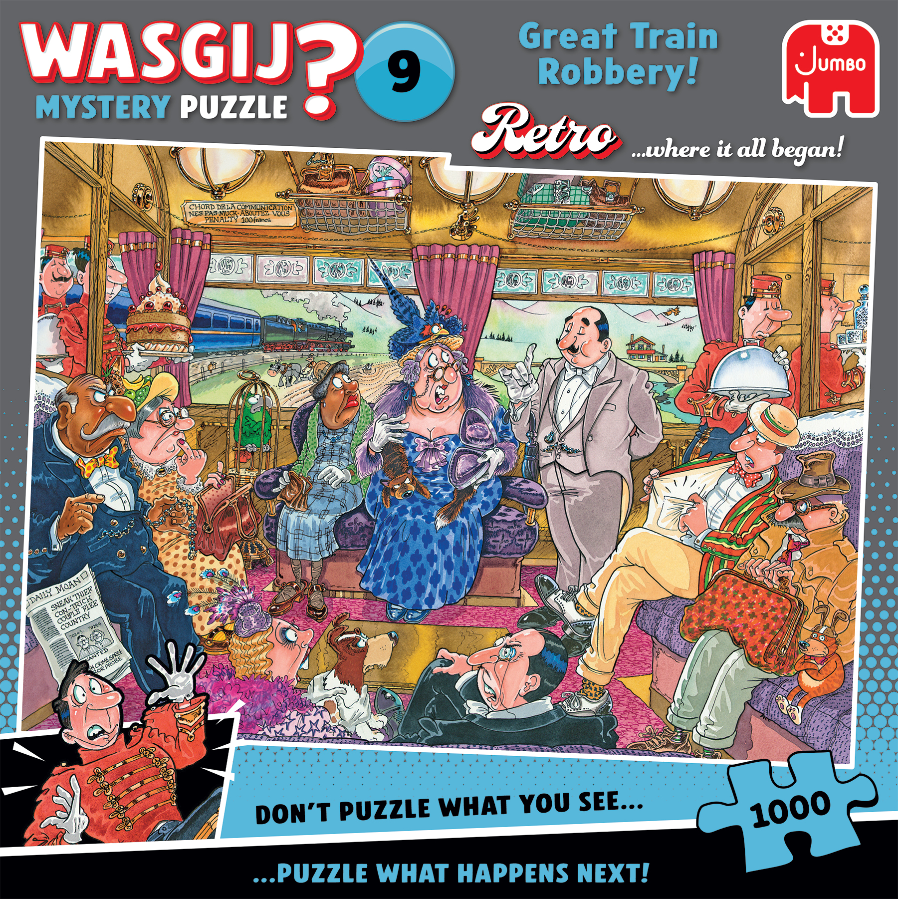 Pudełko z puzzlami z ilustracją napadu na pociąg w stylu retro.