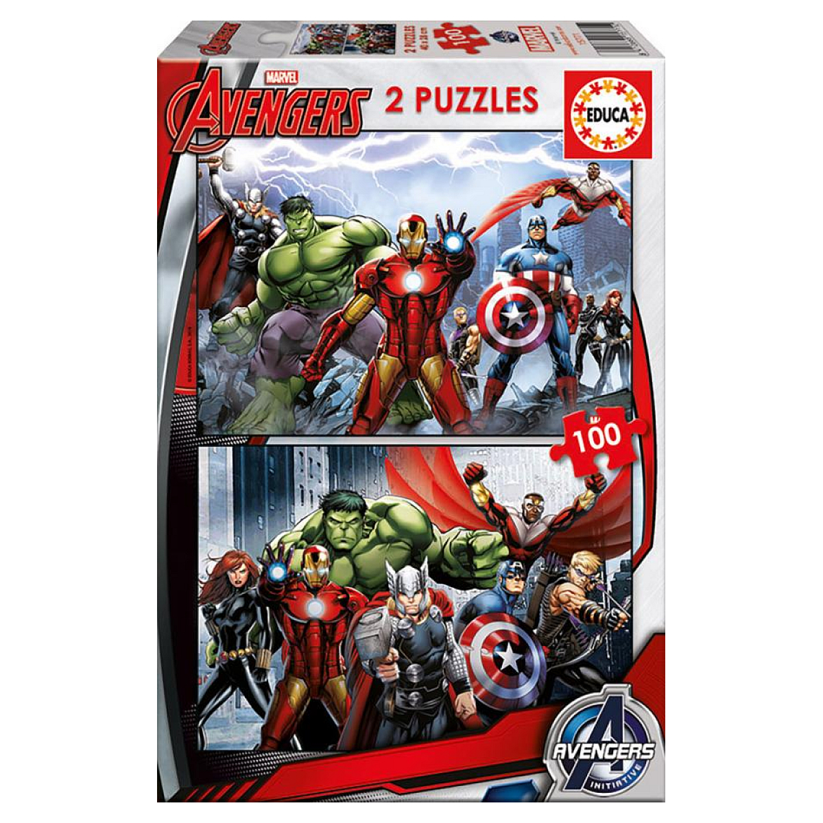 Pudełko z puzzlami Avengers z wieloma obrazami superbohaterów.