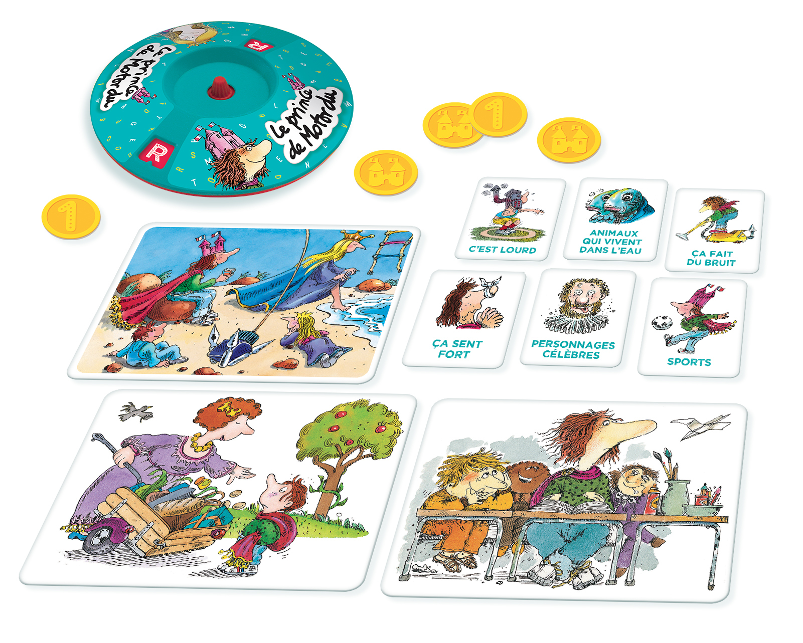 Kinderspiel mit Karten und einem Drehscheibe. Cartoons auf Karten. Münzen sind gelb.