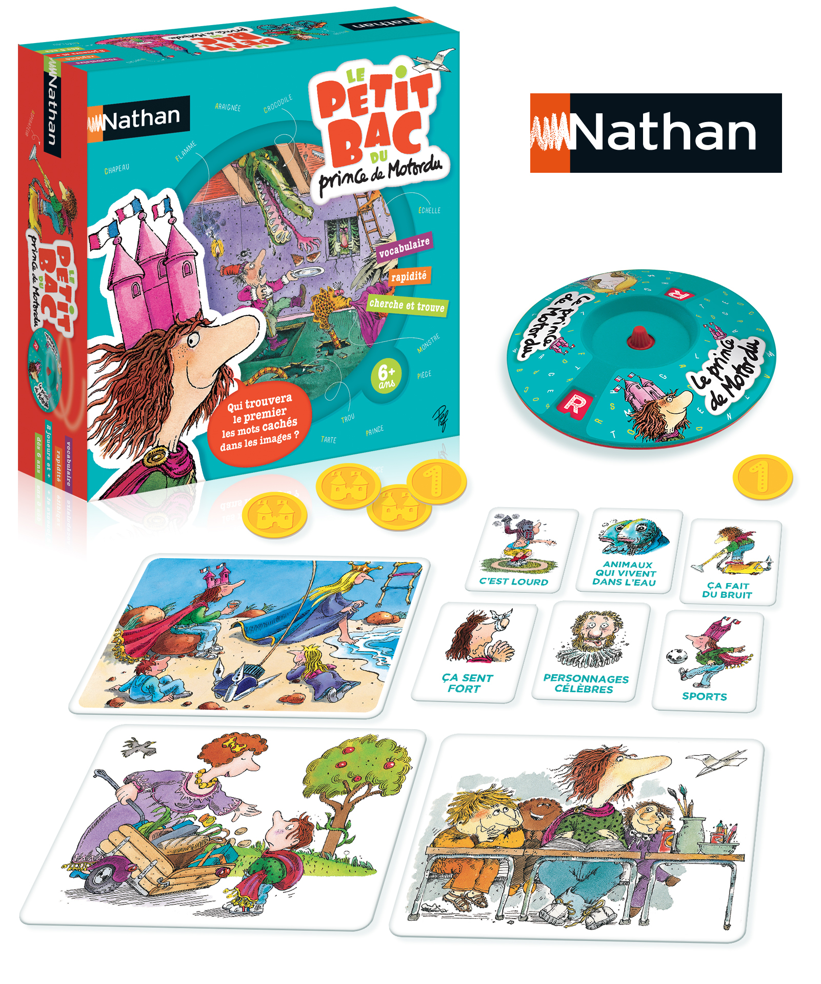 Kinderspiel mit Karten, Münzen und einem Drehscheibe. Illustrationen auf Karten.