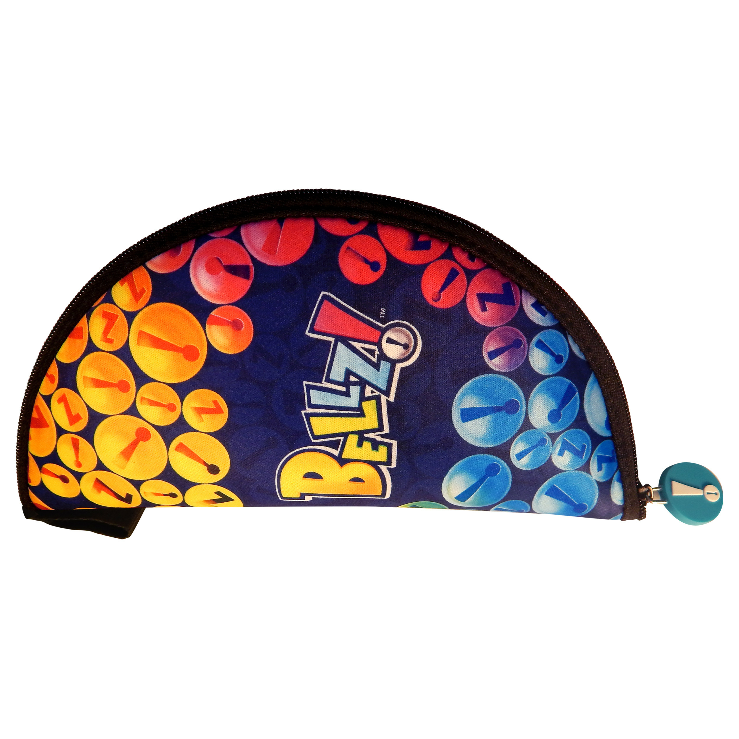 Kolorowa kosmetyczka z napisem „Belzi”, pokazująca wzór kół i zamek błyskawiczny.