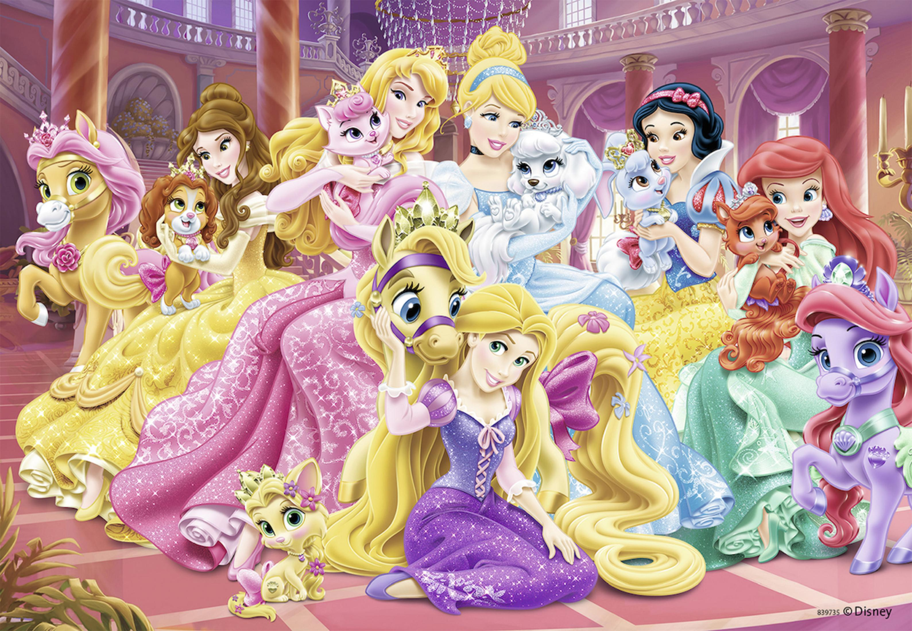 Un puzzle con principesse Disney e i loro animali domestici, in un ambiente palazzo colorato e ornato.