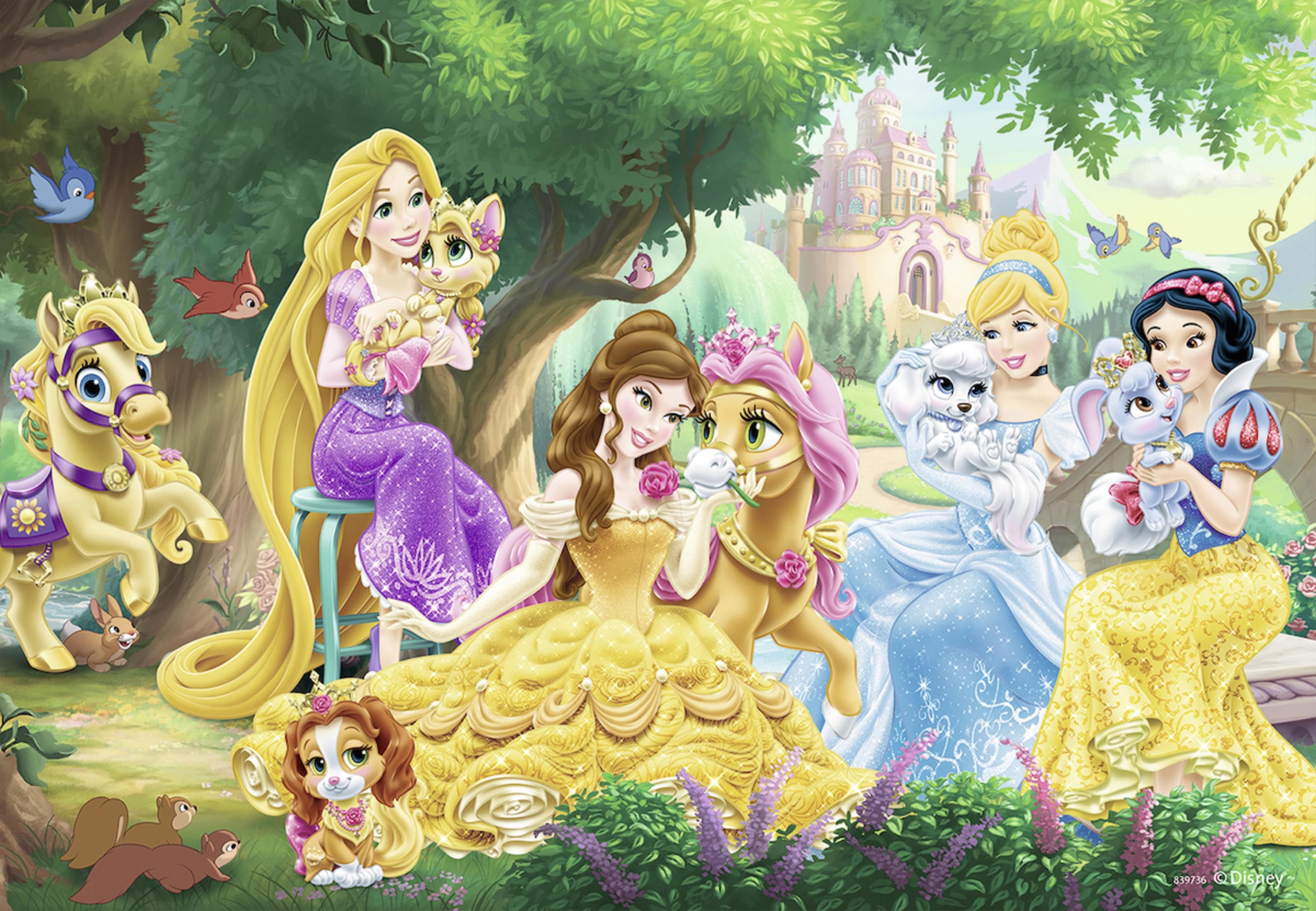 Le principesse Disney e i loro animali domestici sono in un giardino. Sono circondate da fiori e da un castello sullo sfondo.