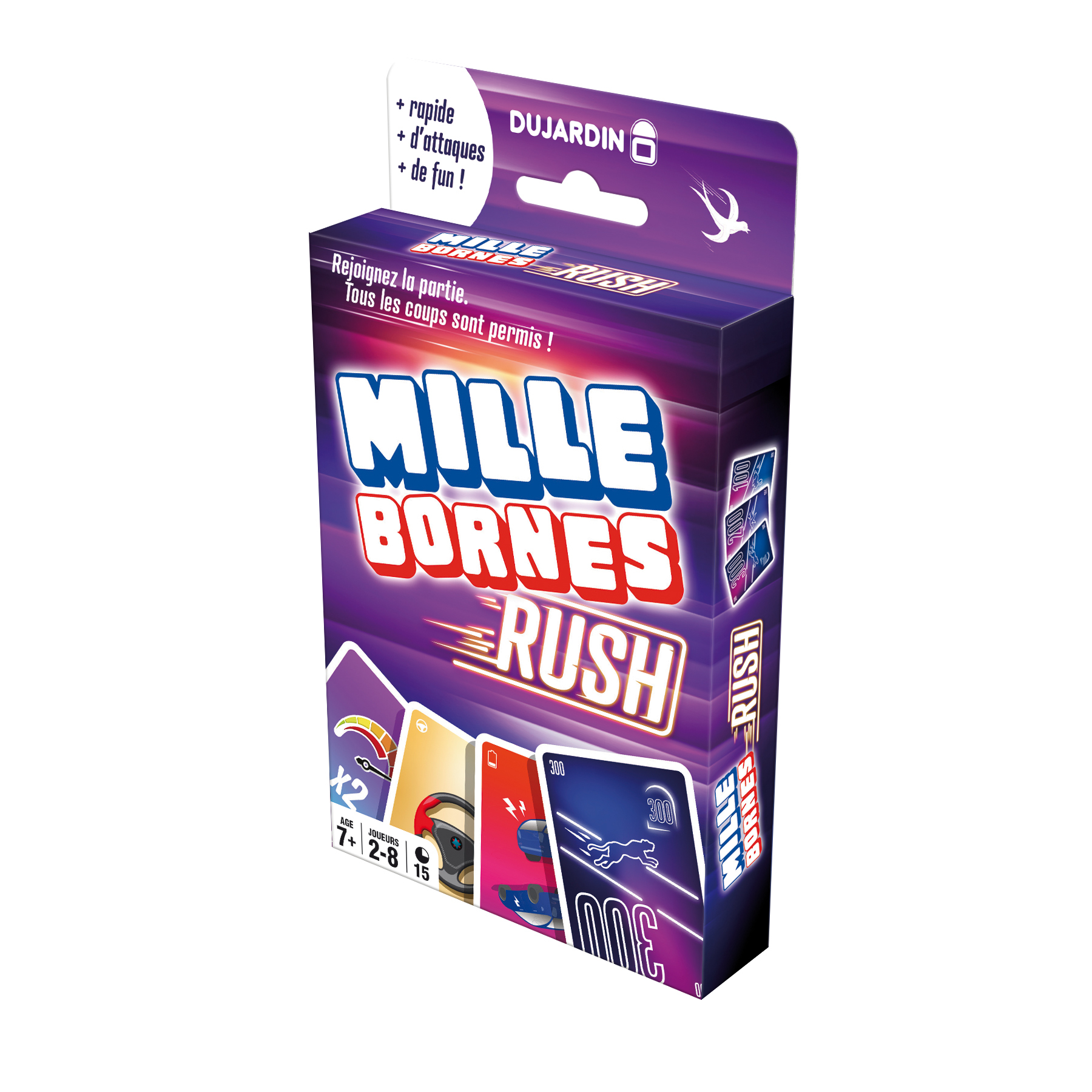 Mille Bornes Rush Kartenspielbox, mit Karten, die Geschwindigkeit und Renn-Elemente zeigen.