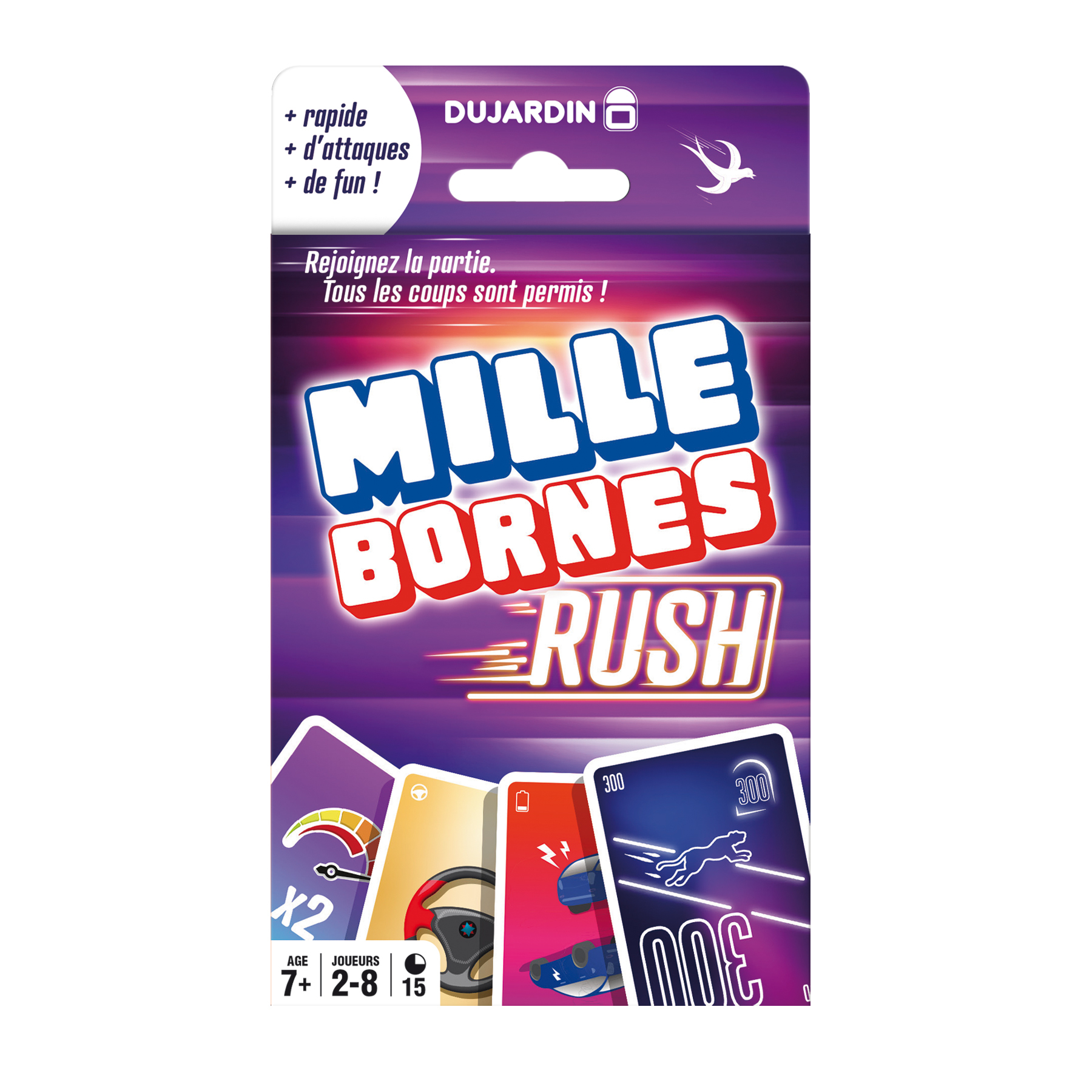 Mille Bornes Rush Kartenspielbox, mit Karten, die Geschwindigkeit, Lenkrad und Rennwagen zeigen.