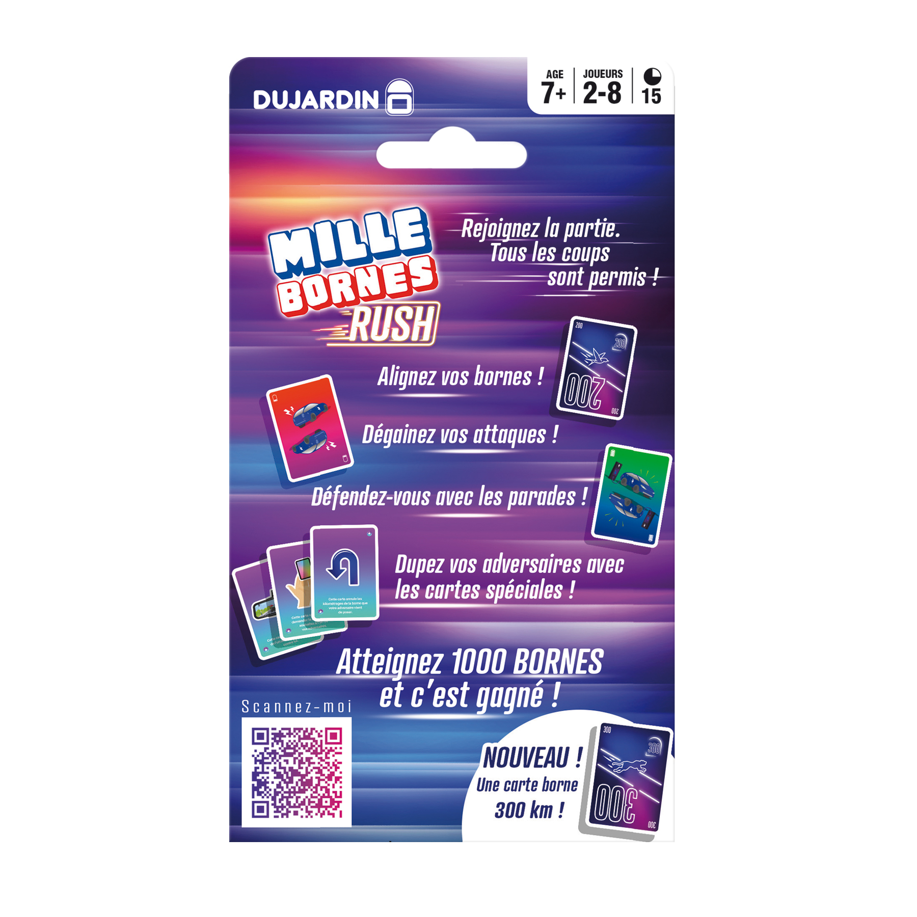 Spielbox mit Mille Bornes Rush Karten. Text und Bilder zeigen Autos und Rennmotive.