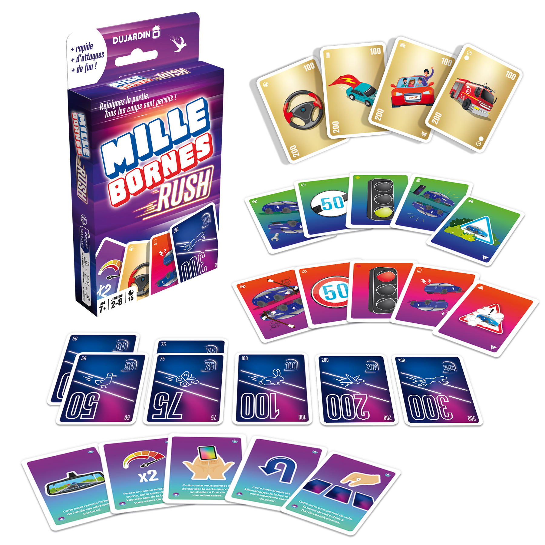 Mille Bornes Rush Spielbox mit Karten. Karten zeigen Autos, Ampeln und Geschwindigkeitsbegrenzungen.