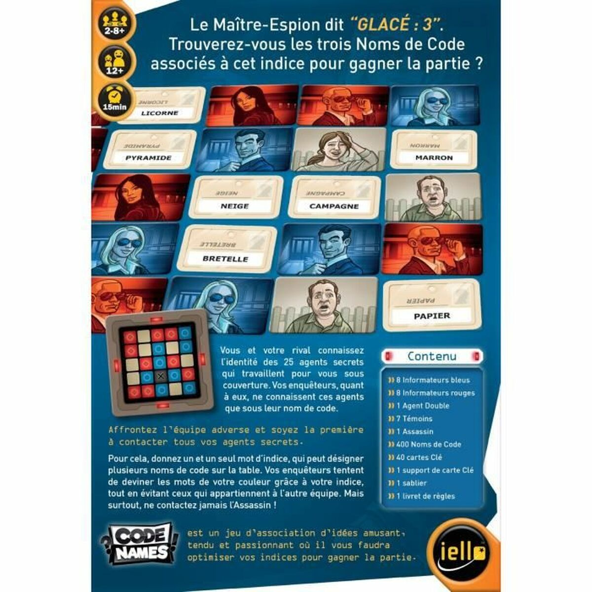 Brettspielbox mit dem Titel Code Names und Bildern von Personen und Codekarten.