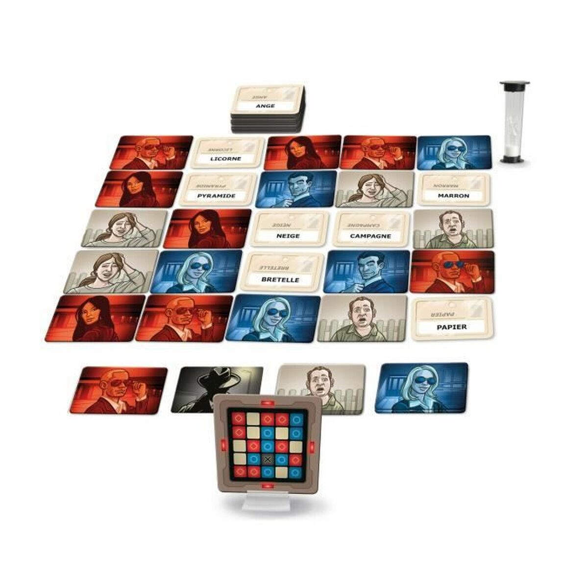 Ein Brettspiel mit Karten, die Personen mit verschiedenen Ausdrücken und ein Spielbrett zeigen.