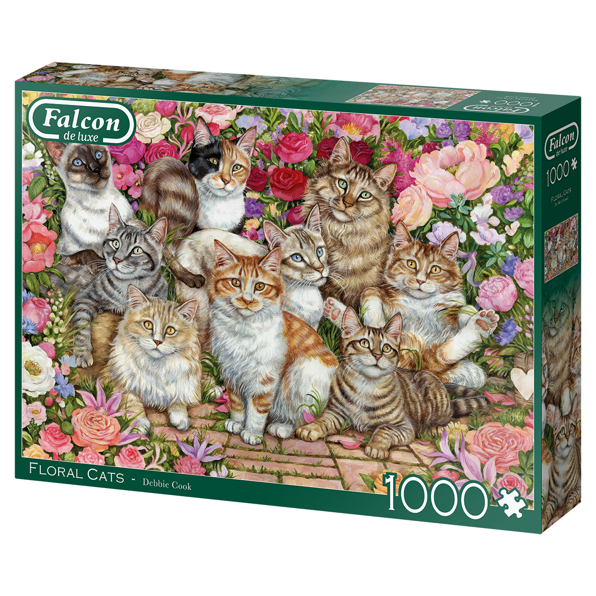 Puzzeldoos met katten in een bloementuin. Katten in diverse kleuren, bloemenachtergrond, puzzelstukjes.