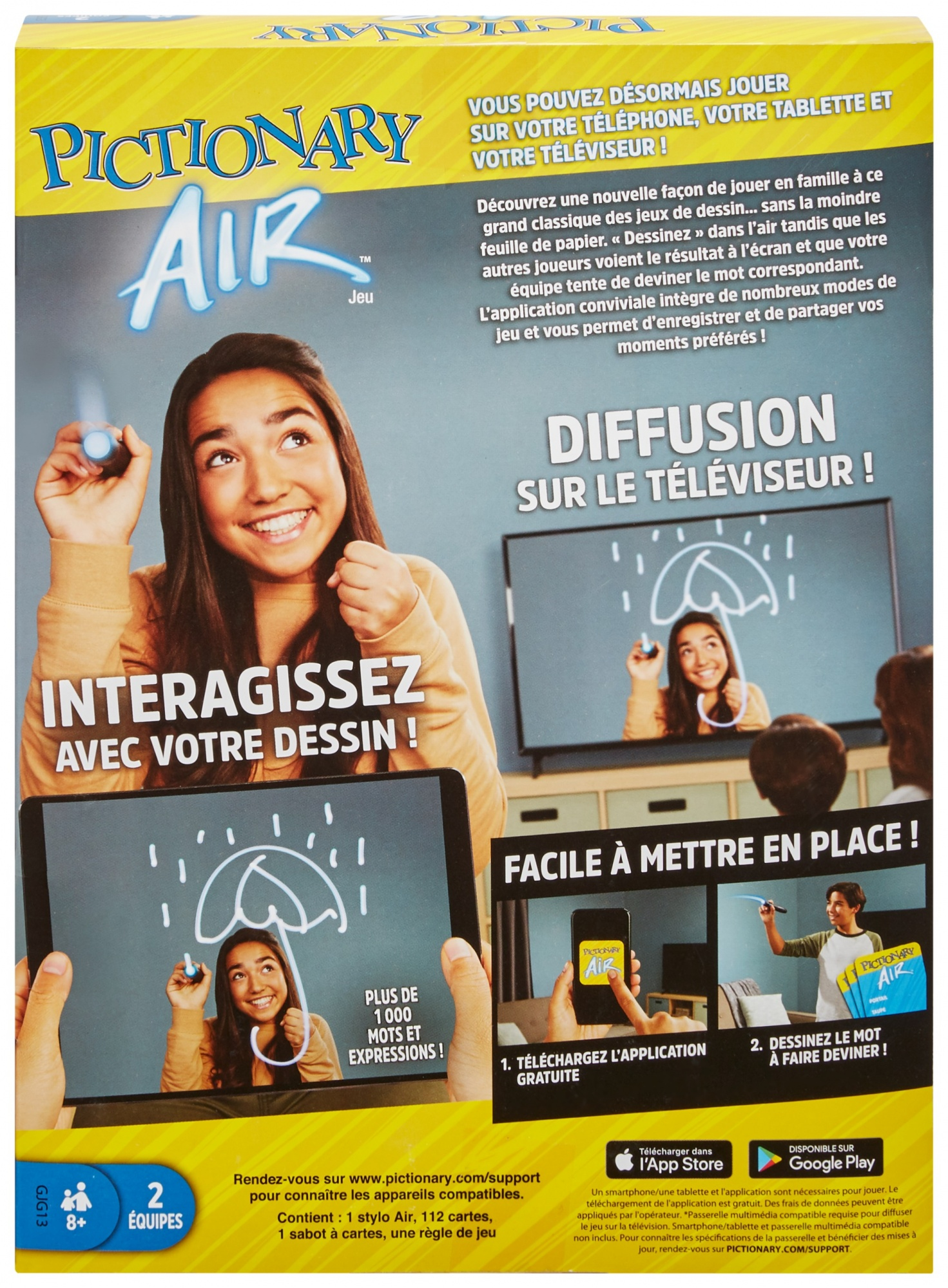 Pudełko gry Pictionary Air pokazujące dziewczynę rysującą na tablecie. Tło przedstawia ekran telewizora.