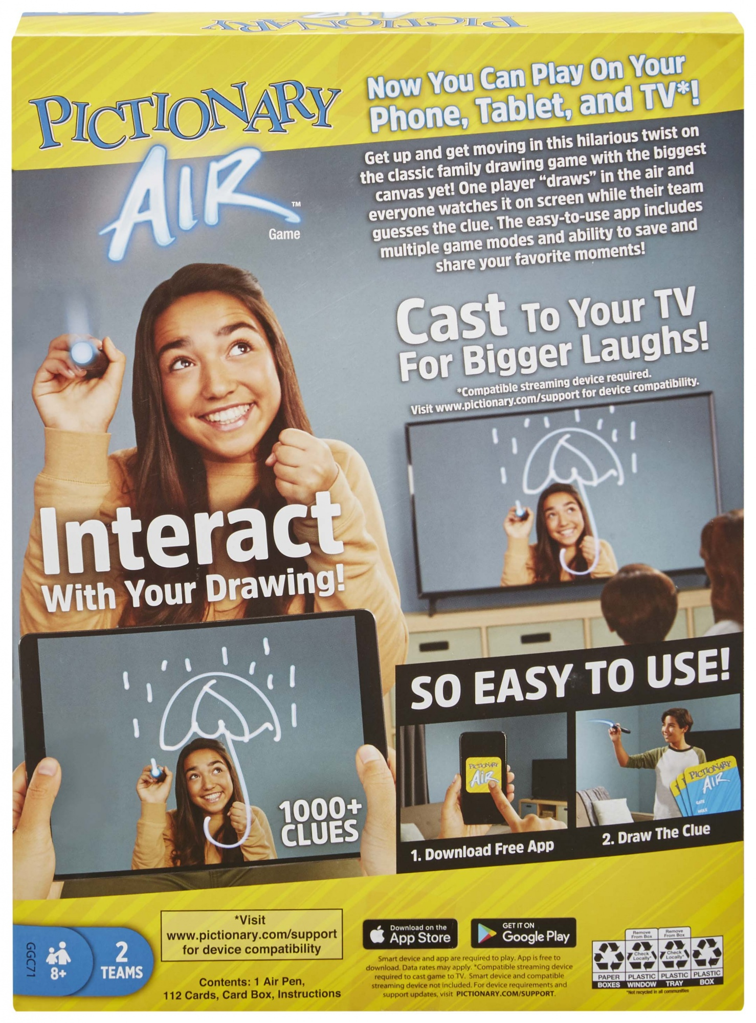 Pudełko gry Pictionary Air. Kobieta rysuje rysikiem. Tablet i telefon pokazują rysunek. Tekst: Interakcja z rysunkiem.