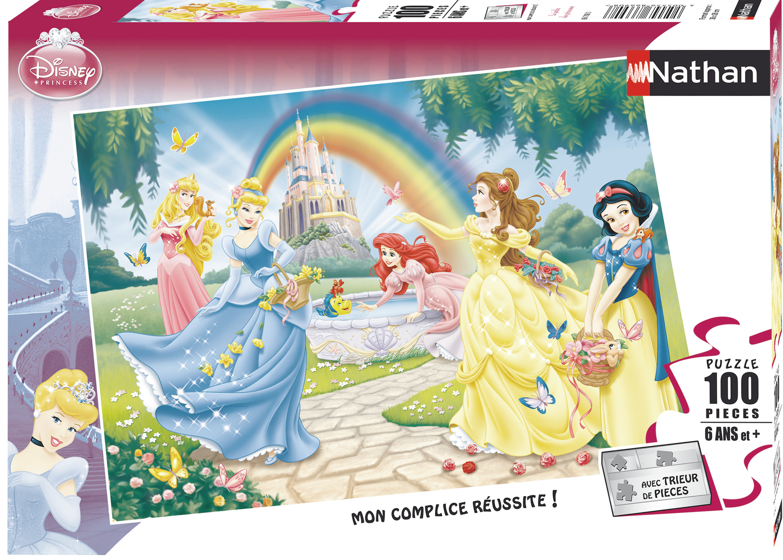 Puzzle Disneya z księżniczkami z różnymi księżniczkami. Tęcza i zamek w tle.