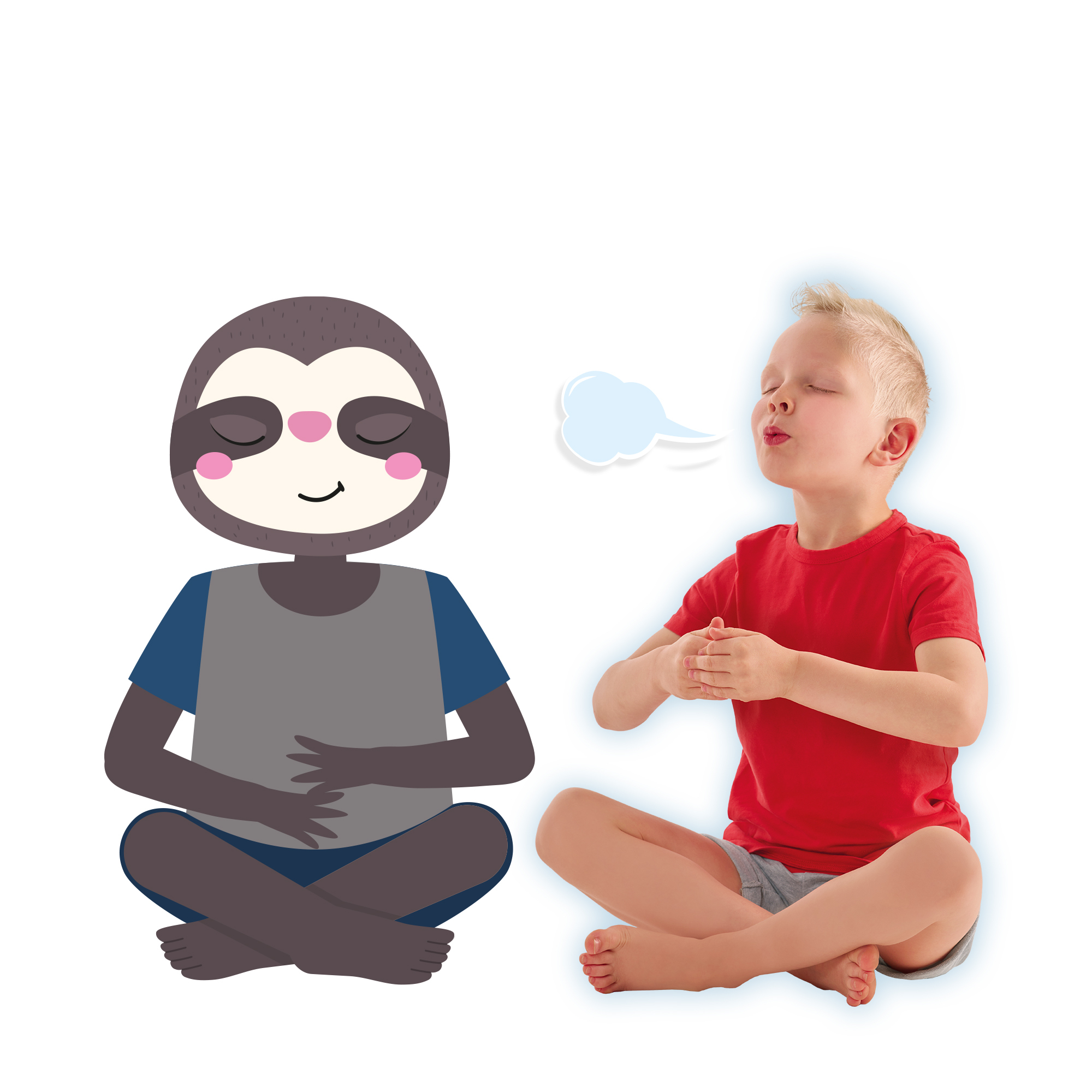 Illustration eines Cartoon-Faultiers und eines Jungen, der meditiert. Der Junge atmet aus.