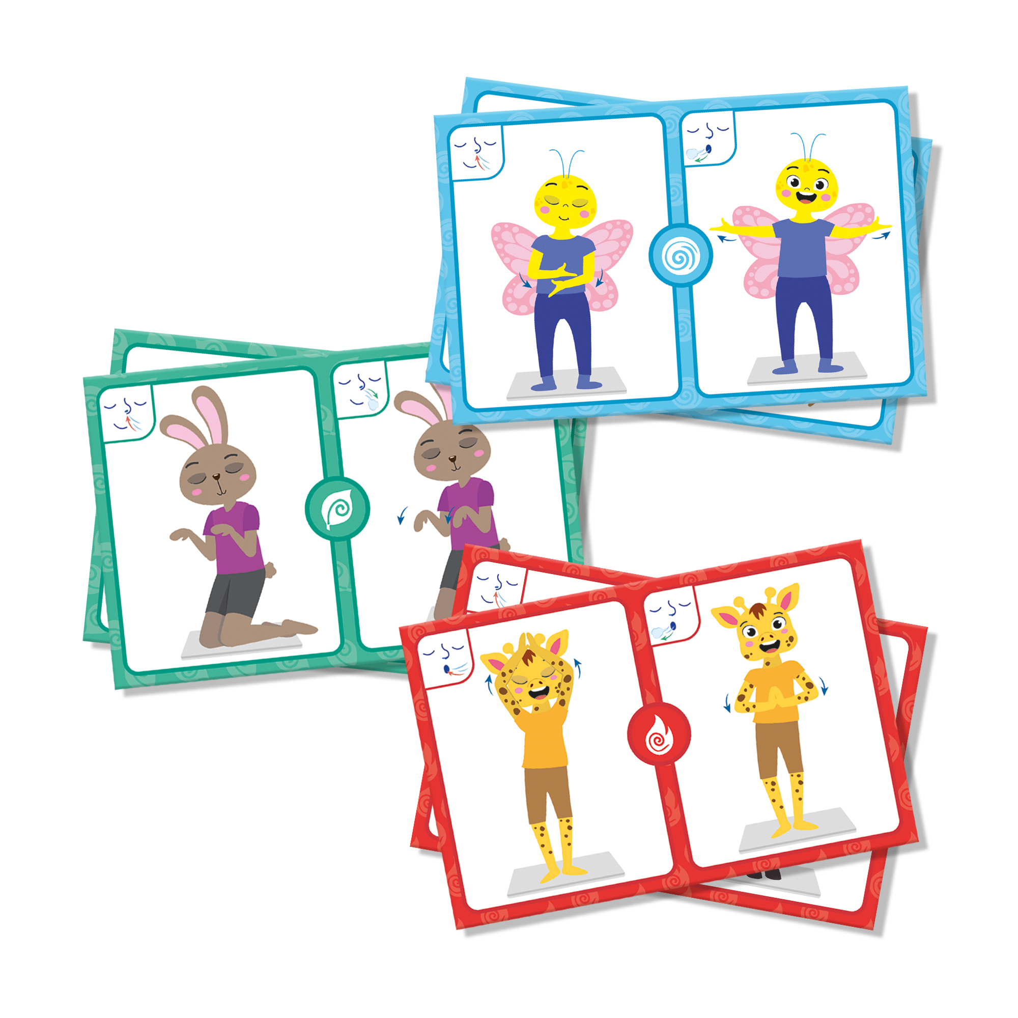 Karten mit Zeichentrickfiguren in verschiedenen Posen. Verschiedene Farben und Designs.
