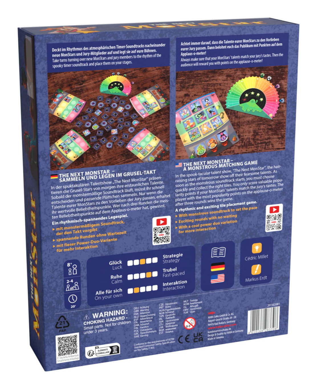 Die Rückseite einer Spielbox mit Text und Bildern, die die Spielfunktionen detailliert beschreiben.