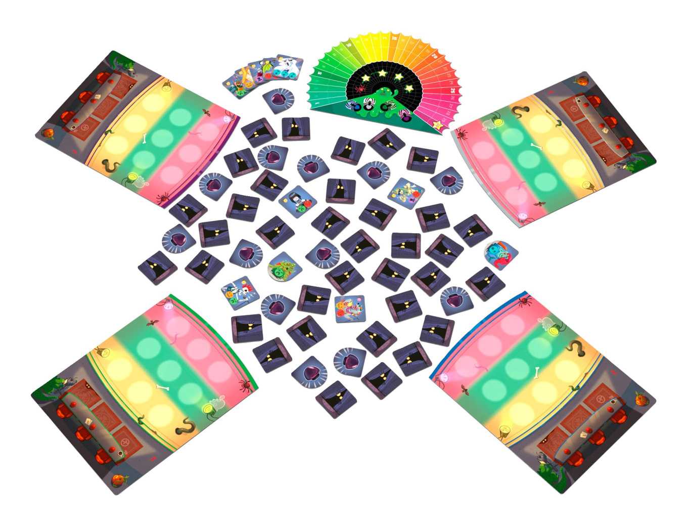 Brettspiel mit farbigen Feldern, Karten und Spielsteinen. Layout hat vier Seiten mit zentralem Bereich.