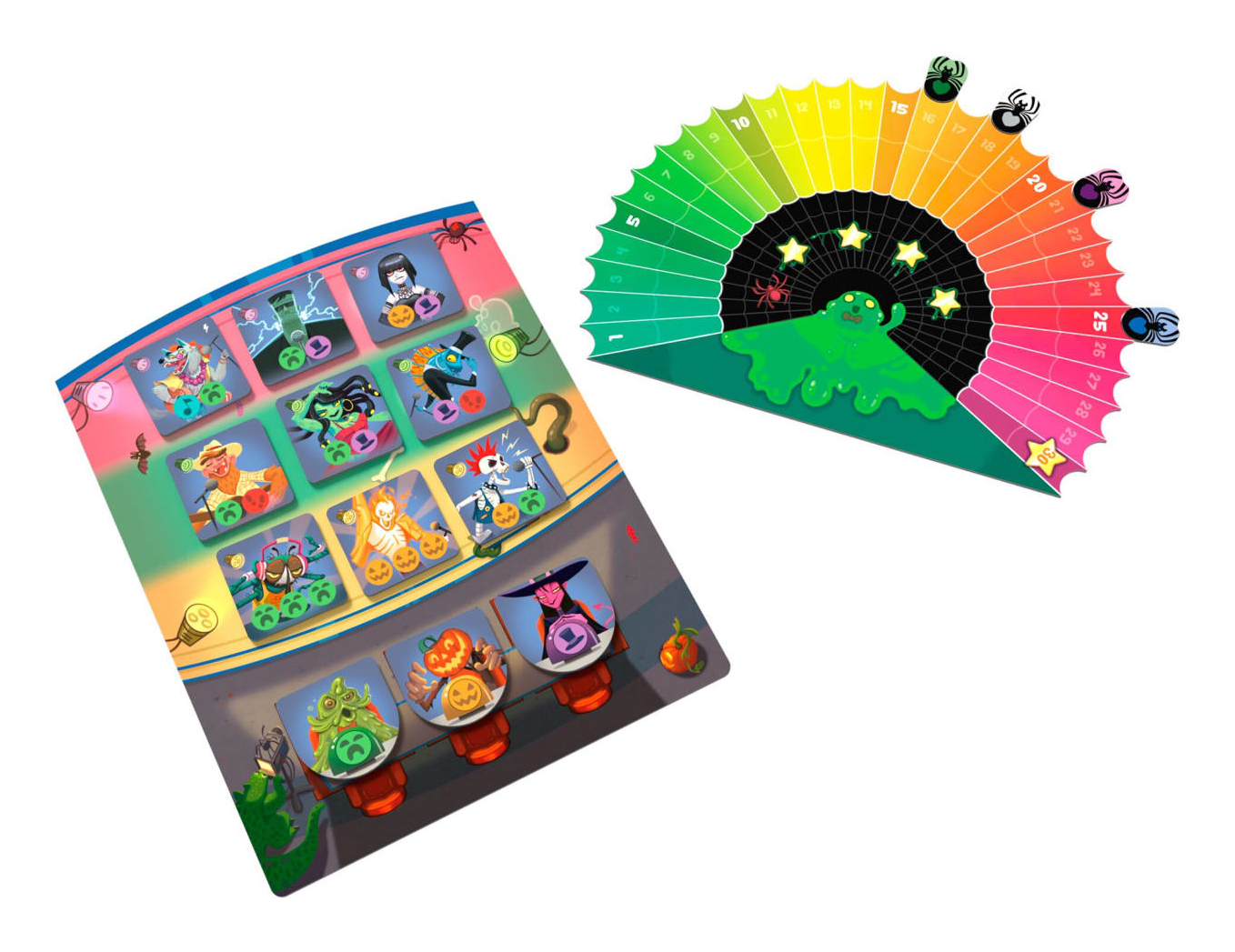Brettspiel mit zwei Teilen: Brett mit Charakteren und ein Farbrad mit Spinnen.