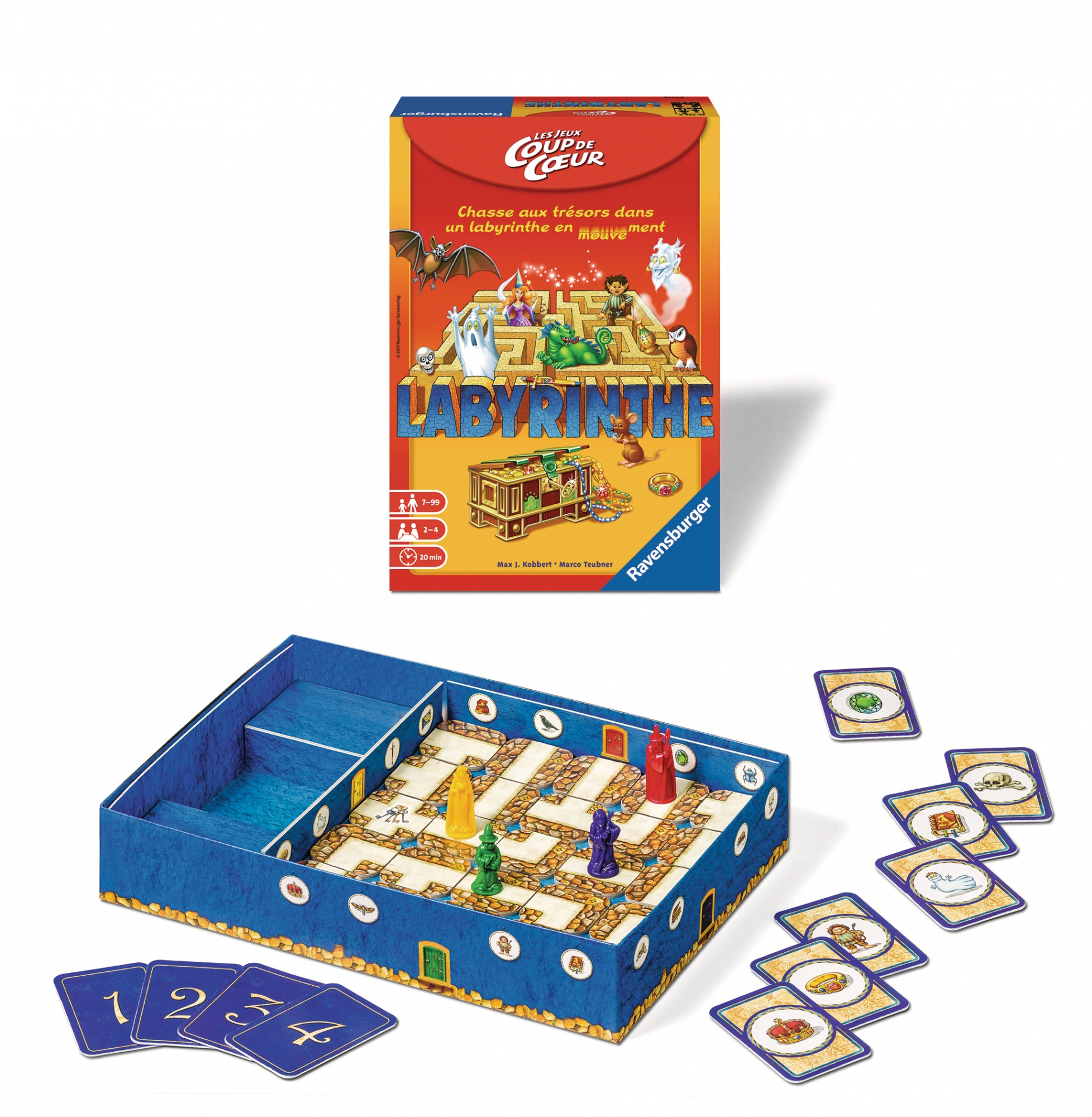 Pudełko gry planszowej i plansza. Labirynt ze skrzynią skarbów i figurkami.