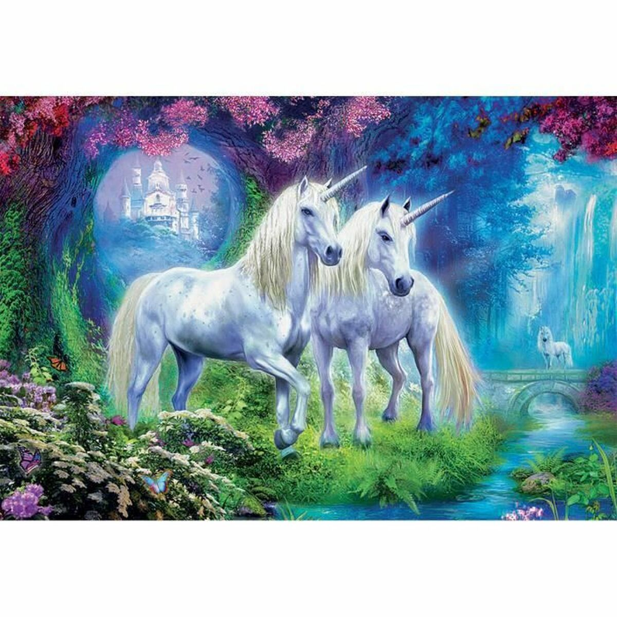Dos unicornios blancos en un bosque, una cascada, un castillo y un puente en el fondo.