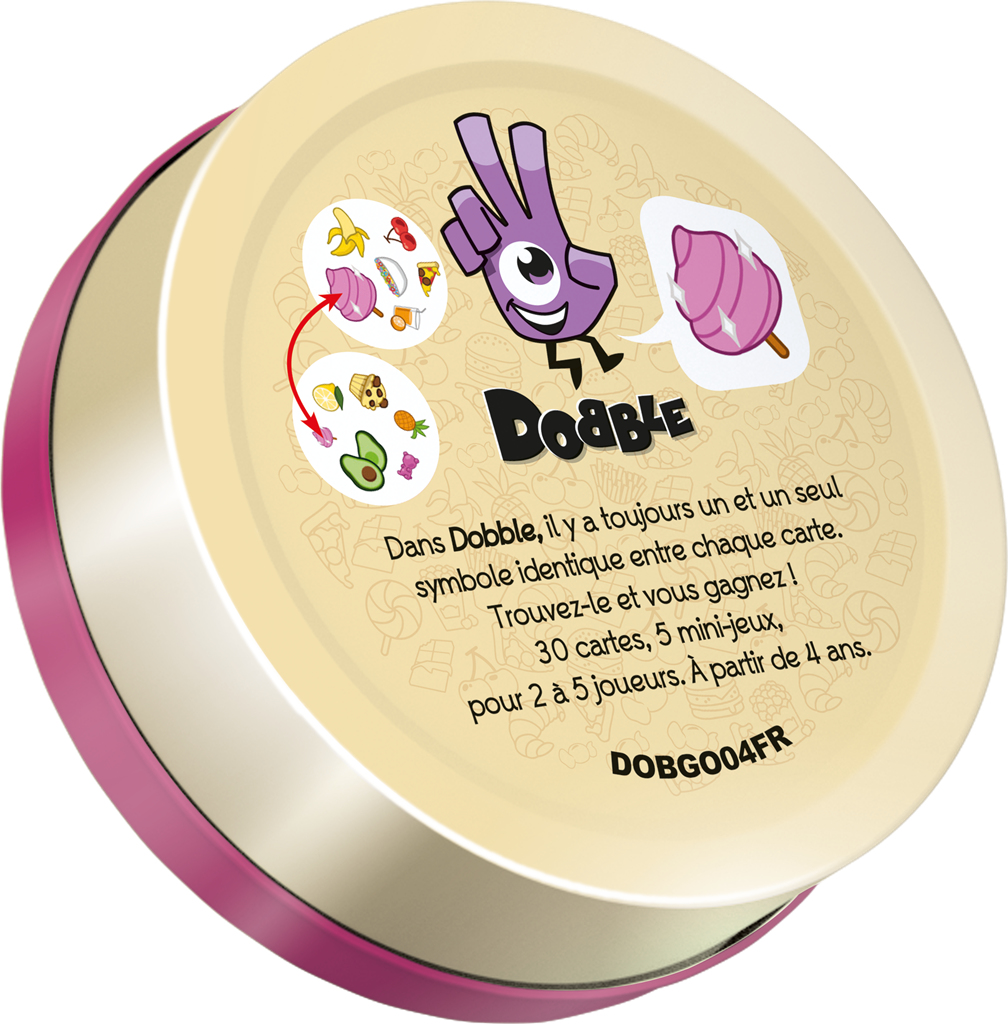 Eine rosa und weiße Dobble-Spielbox mit Karten und Text.