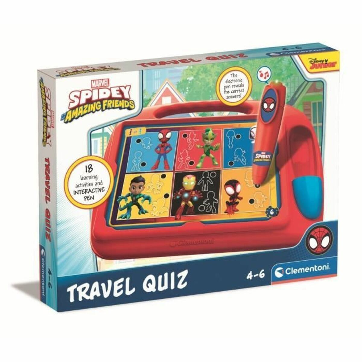 Marvel Spidey Travel Quiz Spielbox mit Spiderman und Freunden Charakteren.