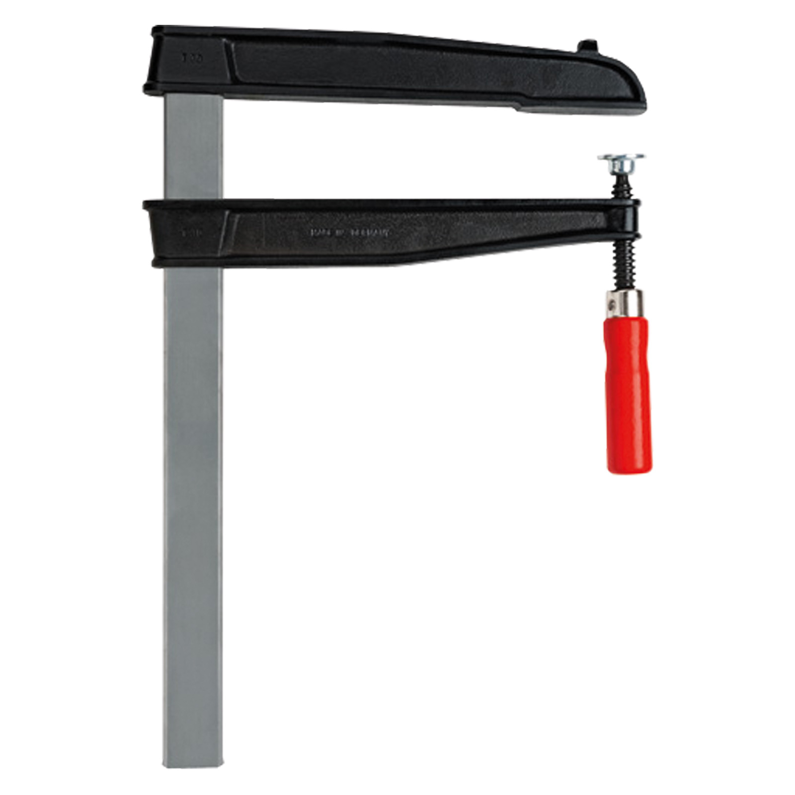 Ścisk metalowy z czarną ramą i czerwonym uchwytem, używany do obróbki drewna lub budownictwa.