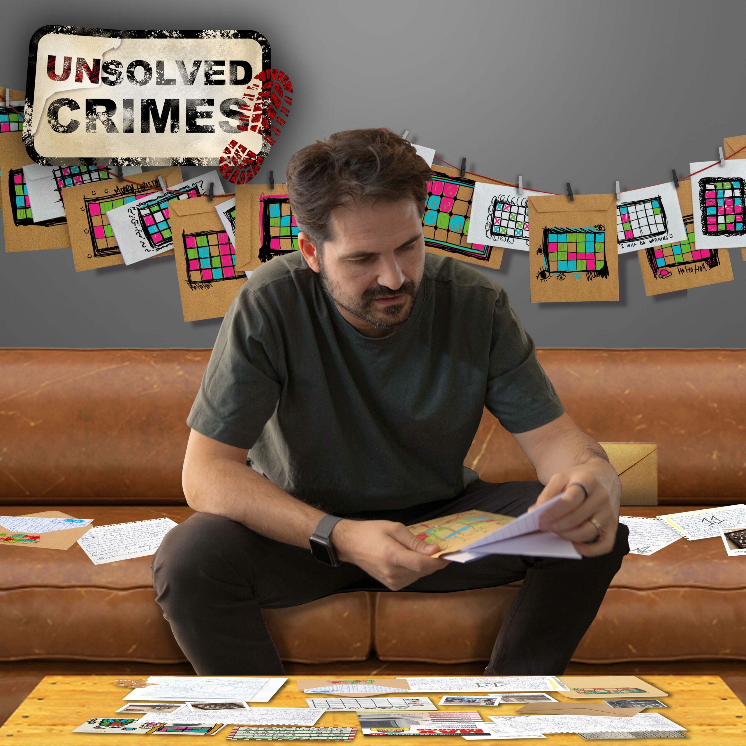 Mann sitzt auf brauner Couch, betrachtet Papiere, Tatort.