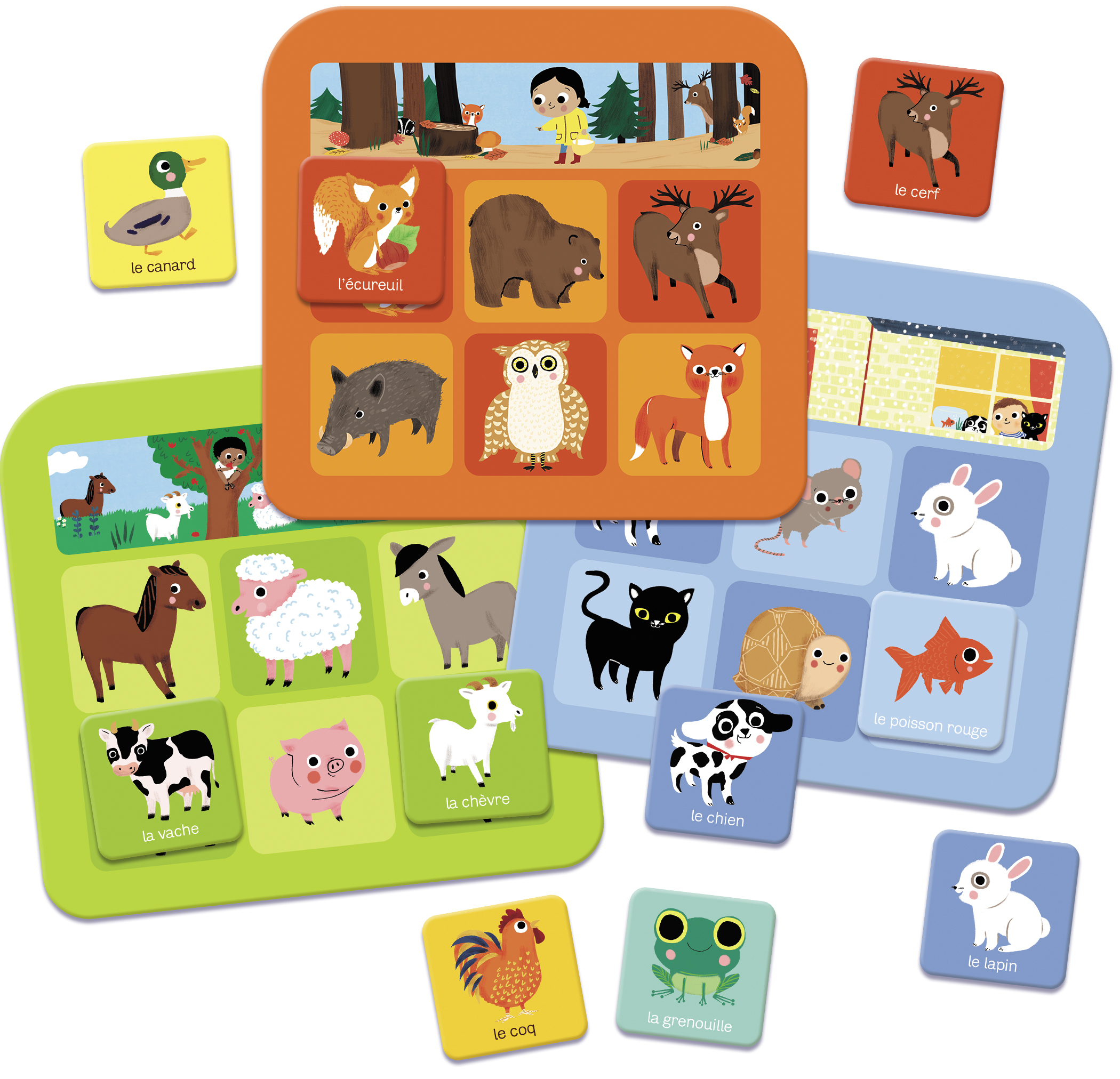 Gra planszowa z obrazkami zwierząt na kartach i planszach.