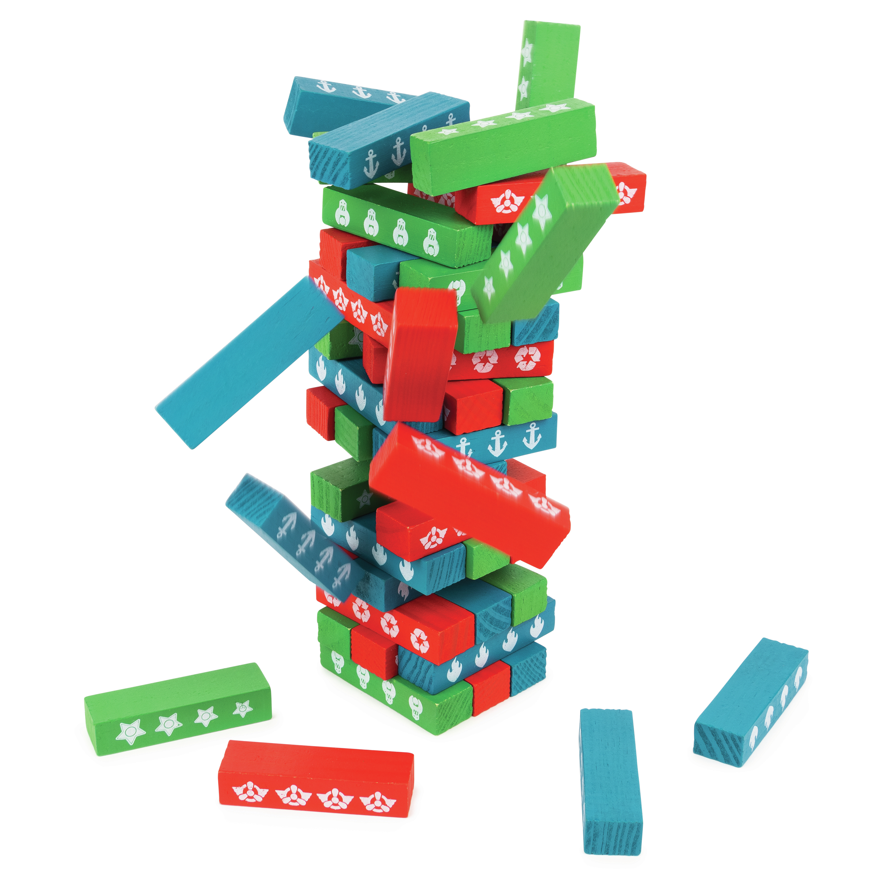 Wieża z kolorowych drewnianych klocków się wali. Kilka klocków leży rozrzuconych na powierzchni.