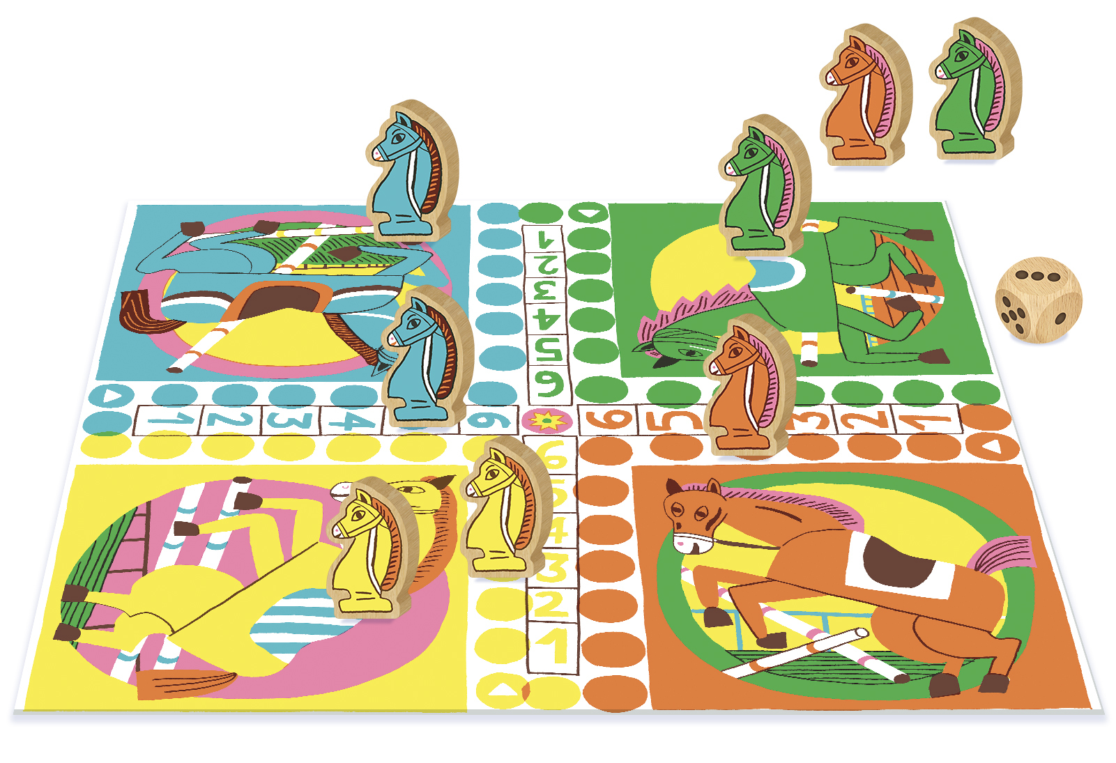 Gra planszowa z końmi i kością do gry. Istnieją cztery kolorowe obszary z figurkami koni.