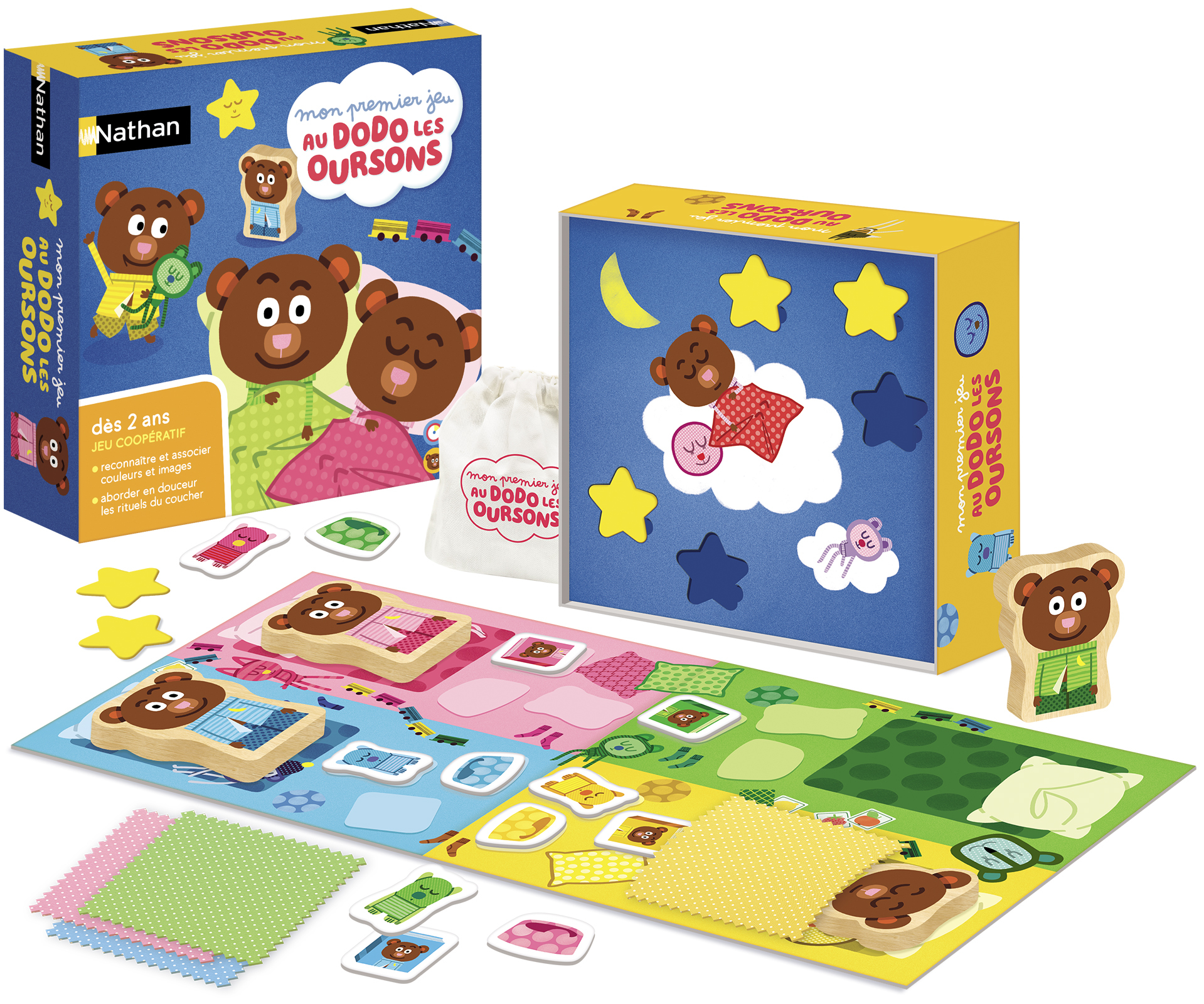 Eine Spielbox mit einem Bären und einem Spielbrett mit Sternen. Enthält Spielsteine und einen Beutel.
