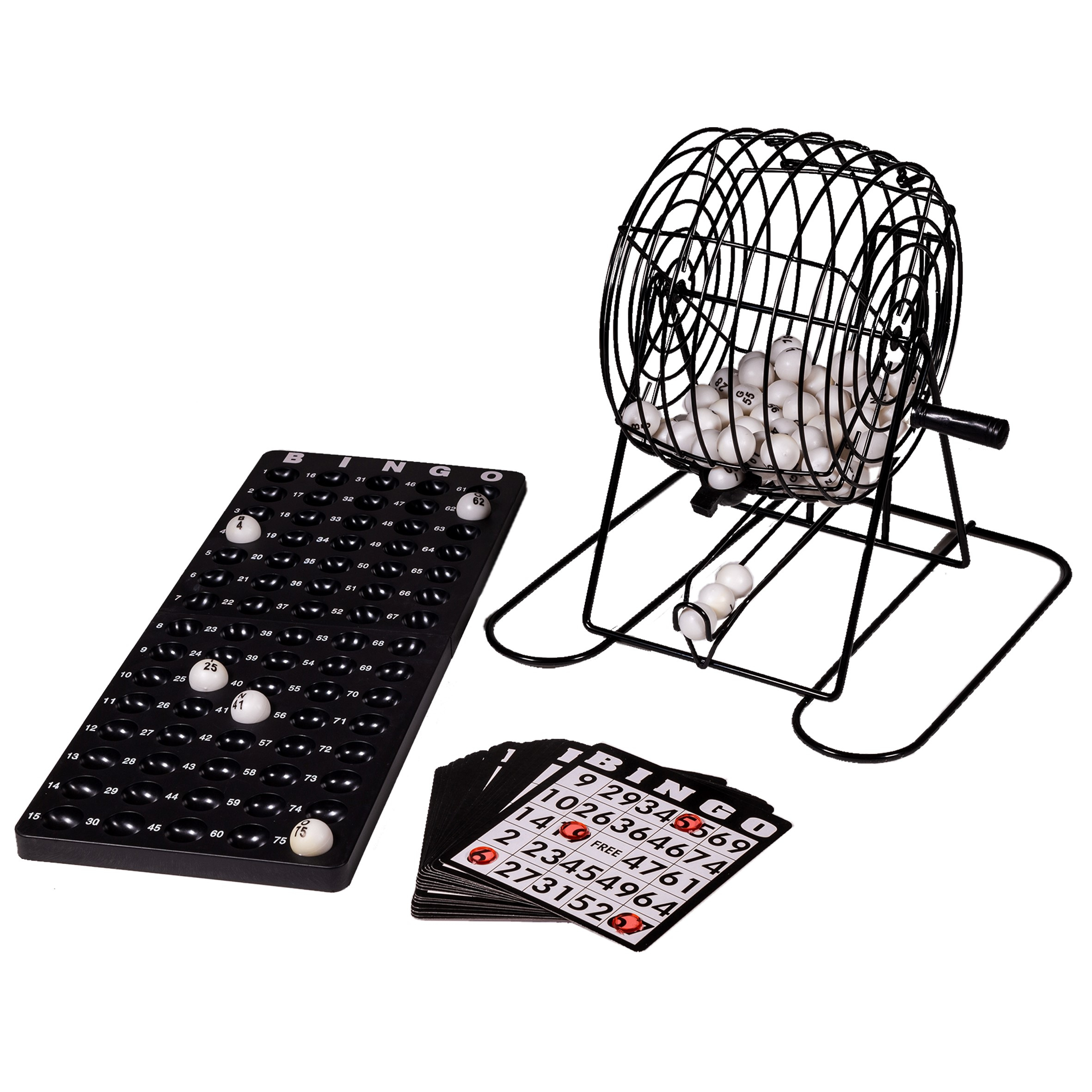 Set bingo: gabbia con palline, lavagna nera e carte.