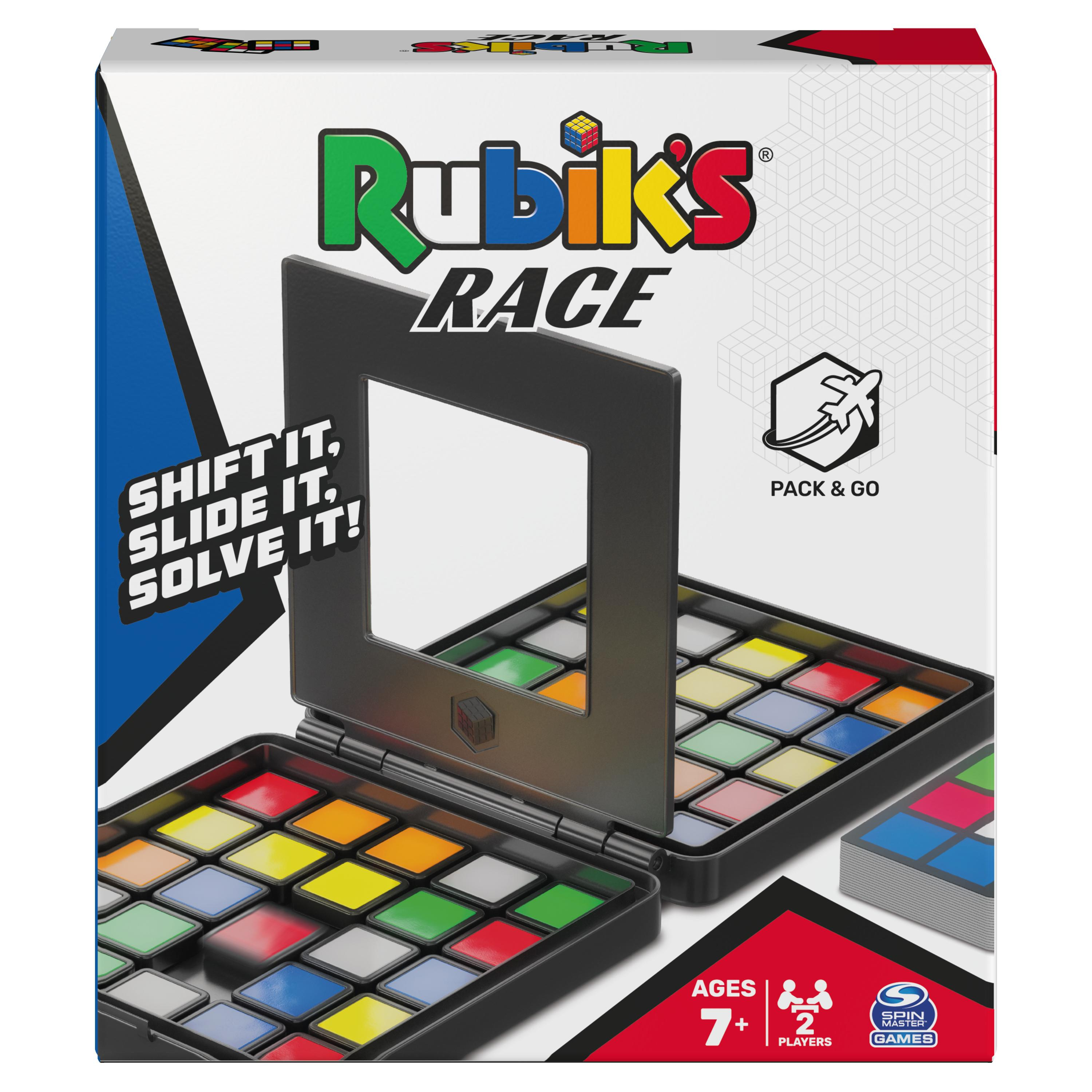 Pudełko z grą Rubik's Race z przesuwaną łamigłówką w środku, na czarnej powierzchni.